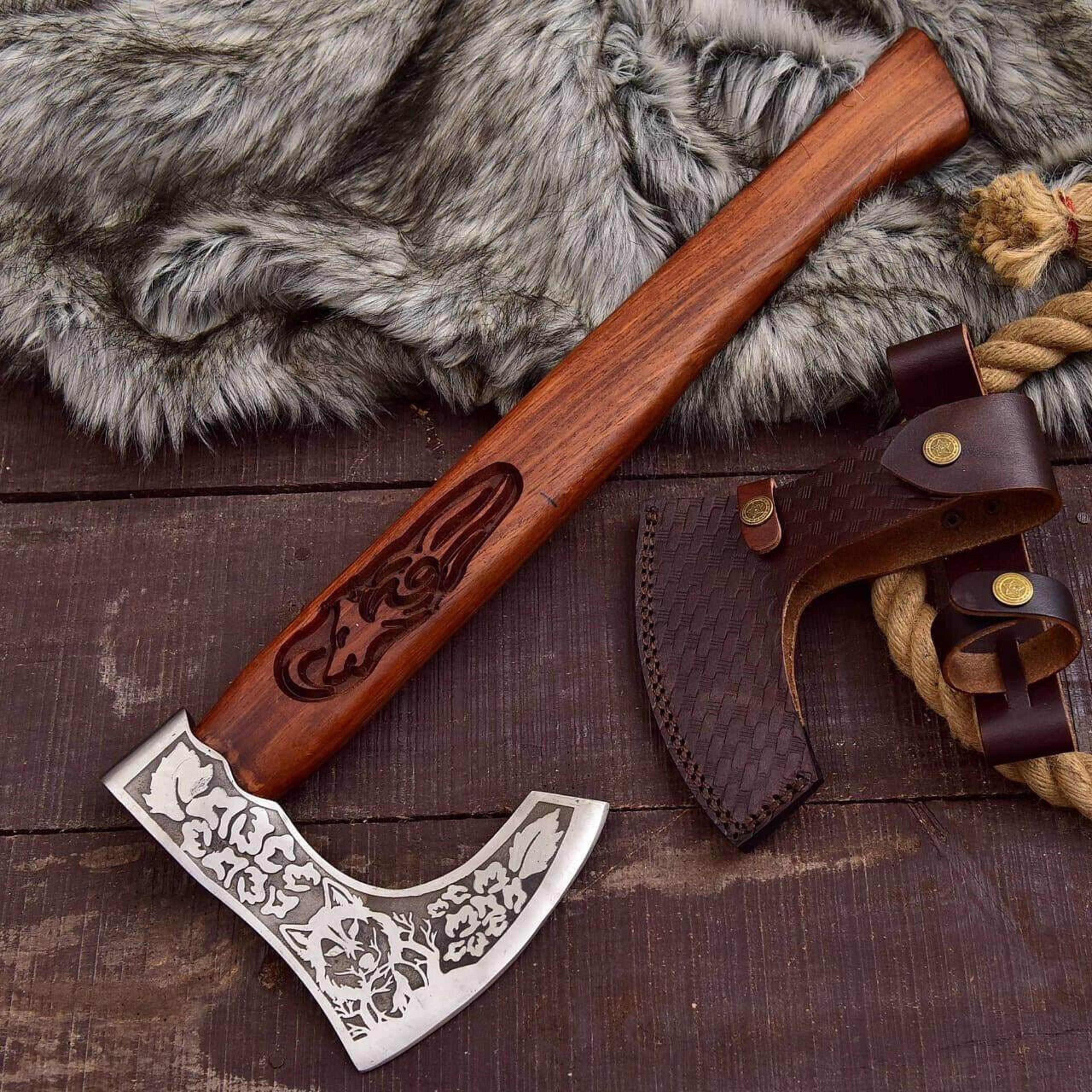 ragnar viking axe | handmade 22" forged carbon steel bearded nordic axe with rosewood handle & leather sheath