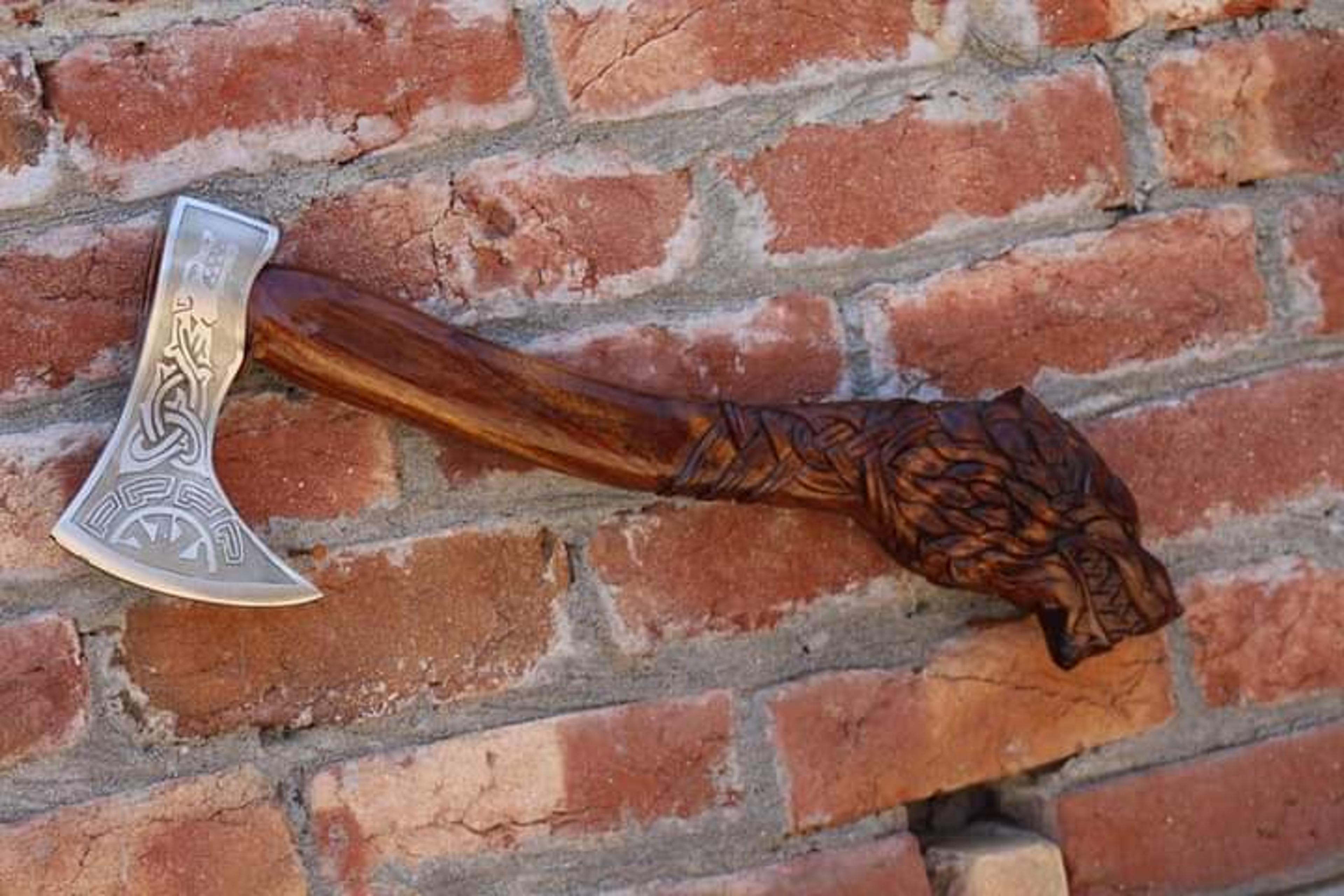 custom hand made viking axe with carved handle high carbon steel axe..