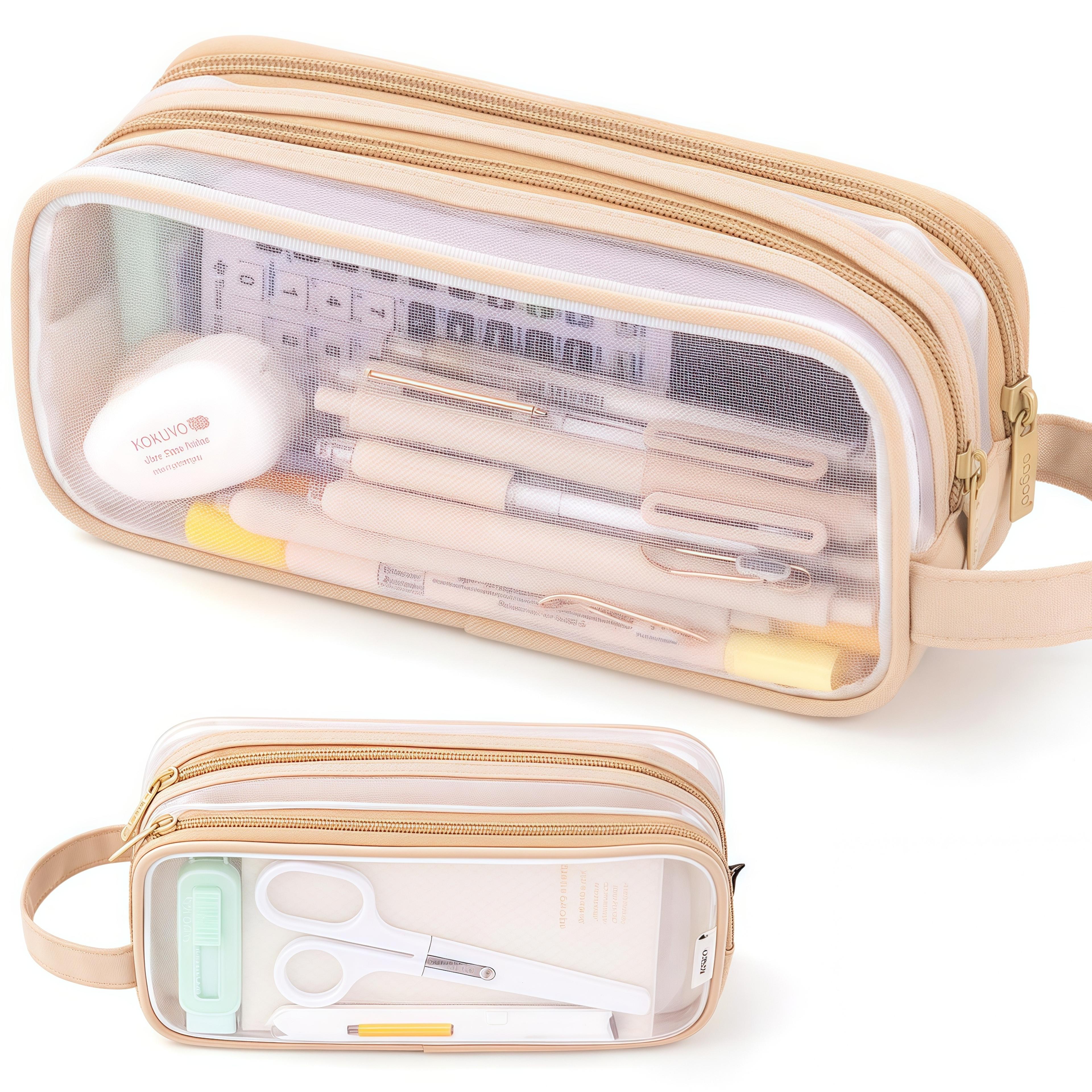 large mesh pencil case double layer transparent pencil pouch, handheld multifunctional cosmetic bag, suitable for school office