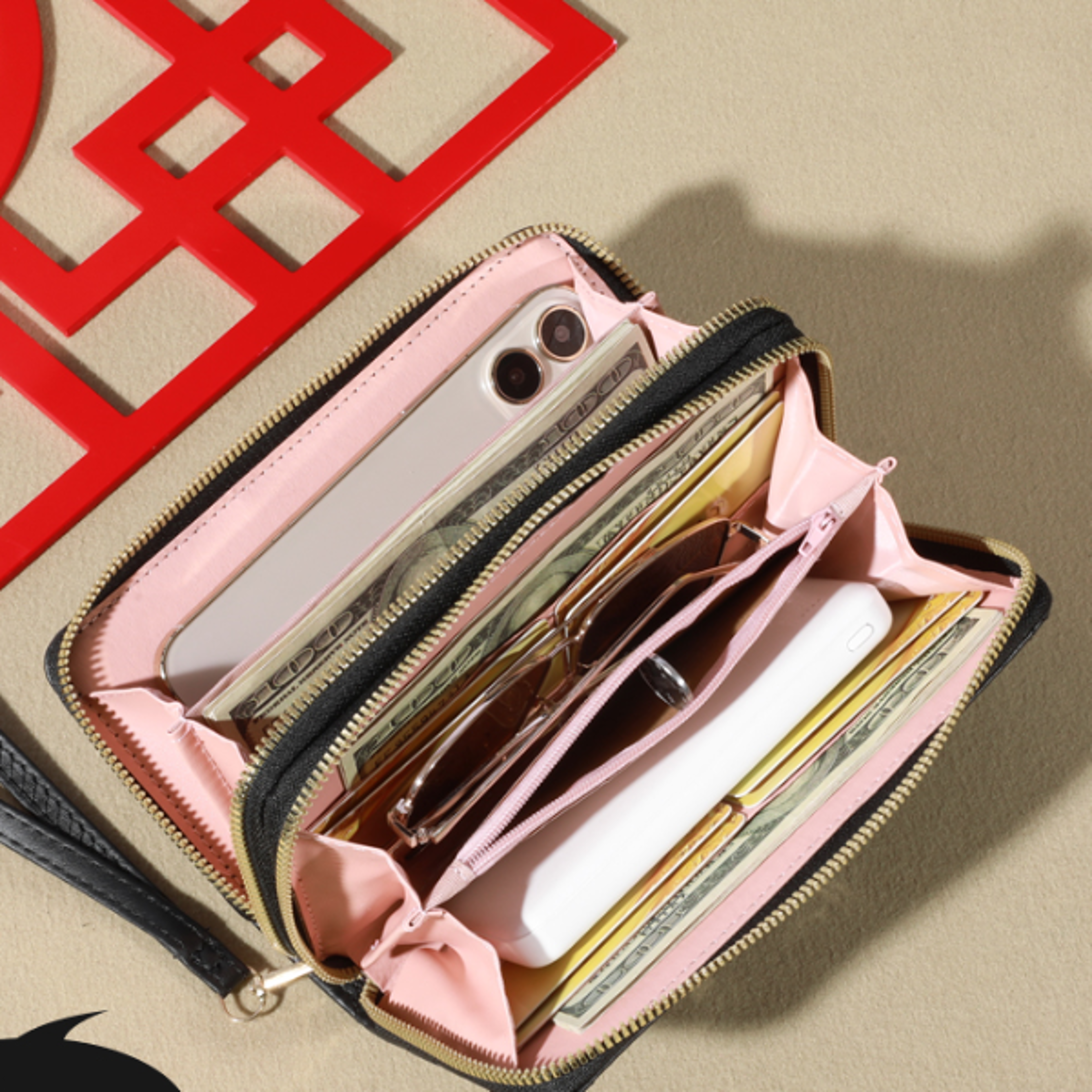 trendy solid color long wallet double zipper clutch coin purse womens faux leather card holder with wristband