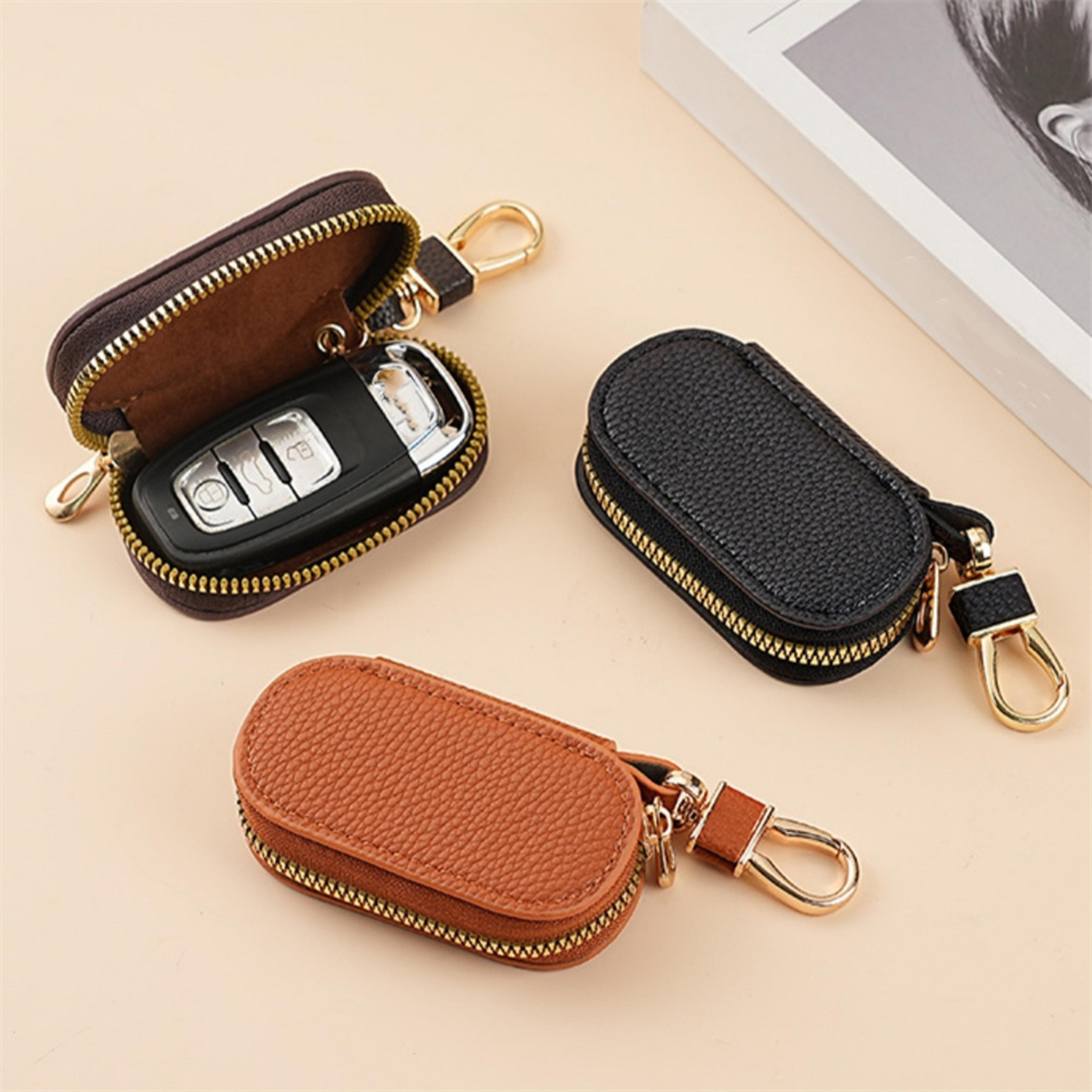 portable keychain key holder wallet solid color lychee leather car key case & housekeeper organizer