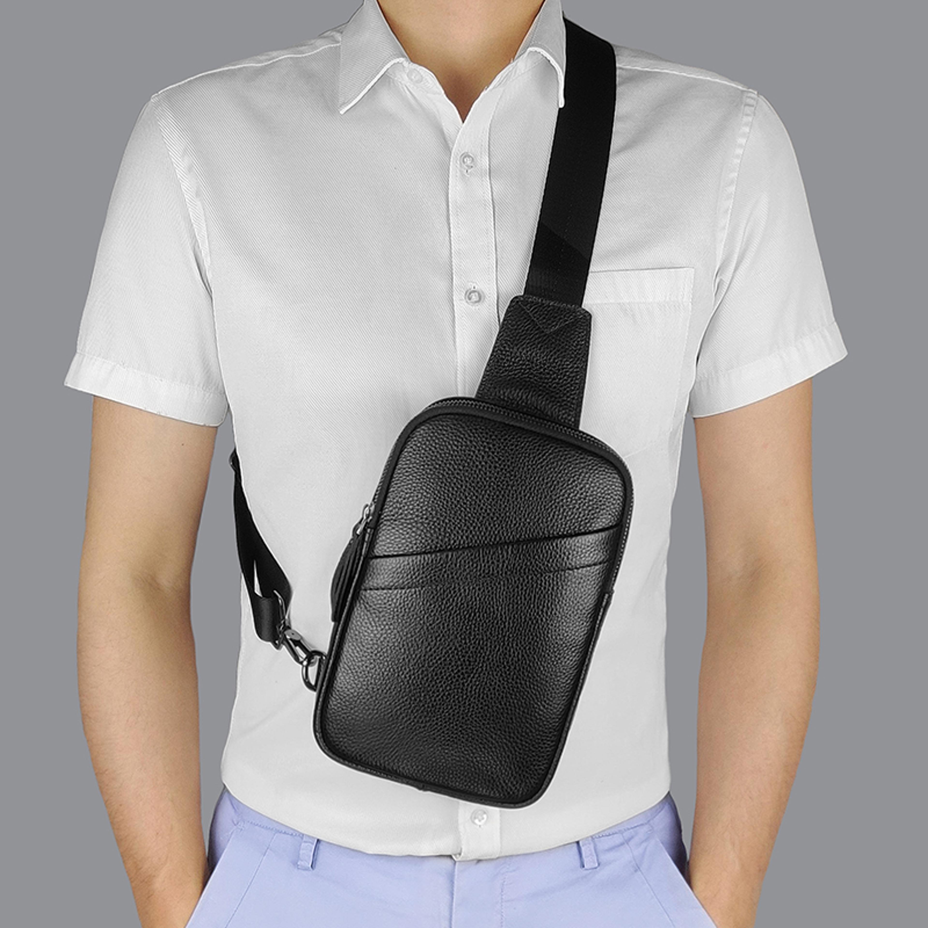 small black genuine leather sling bag for men women crossbody shoulder chest pack for hiking travel and cycling