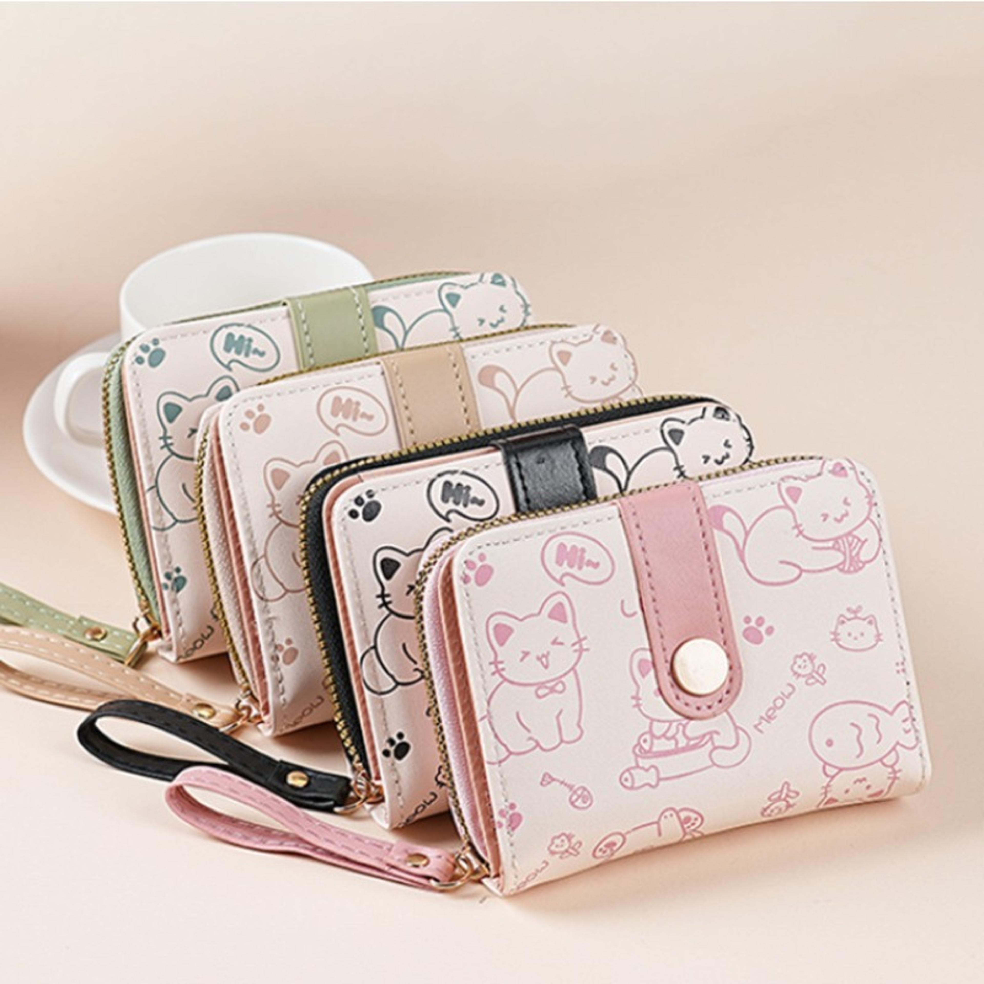 everyday playful cat mini wallet compact zipper multi card holder with wrist strap lightweight gift for women and tea