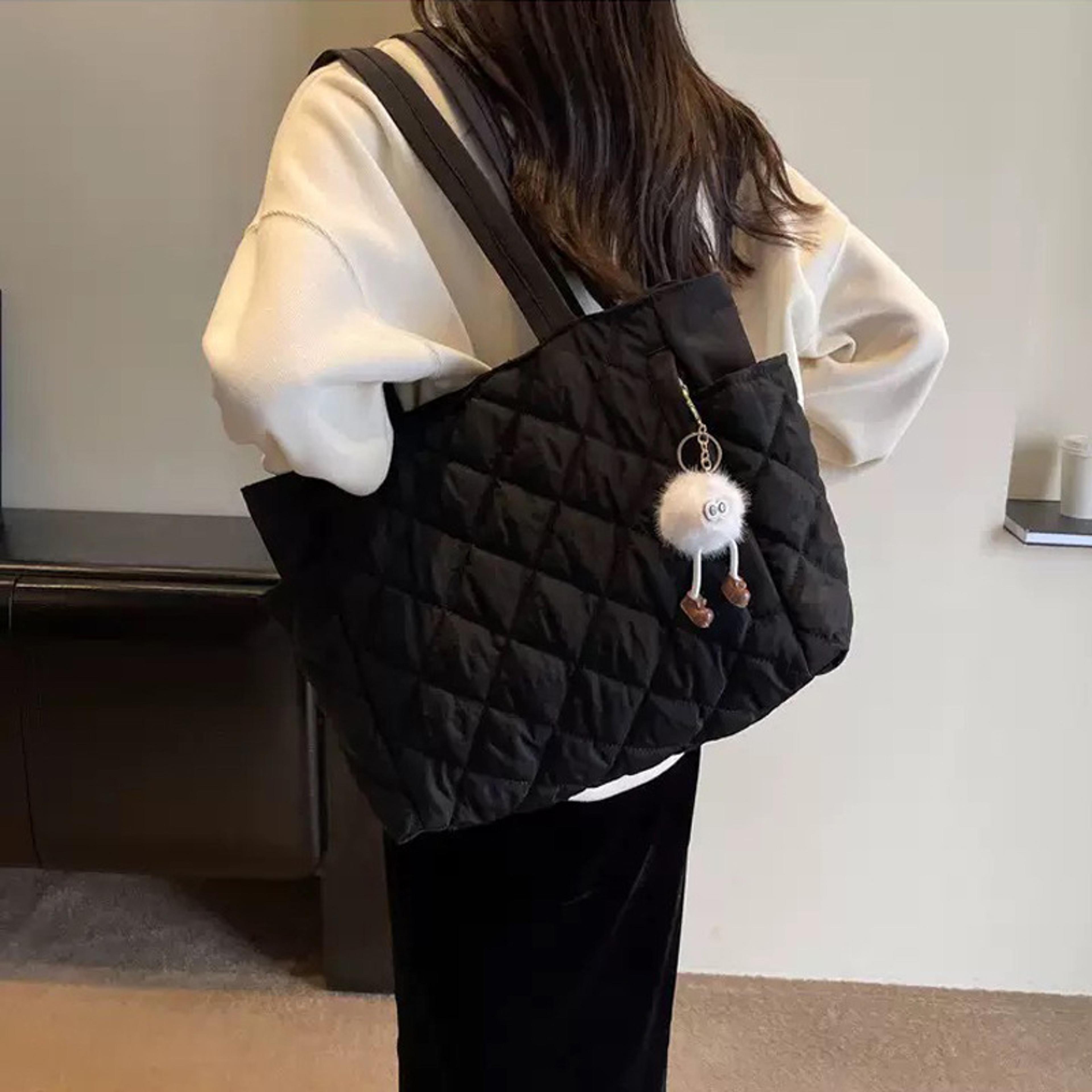 chic quilted tote bag stylish multi-pocket handbag with pendant large capacity shoulder bag for daily work school
