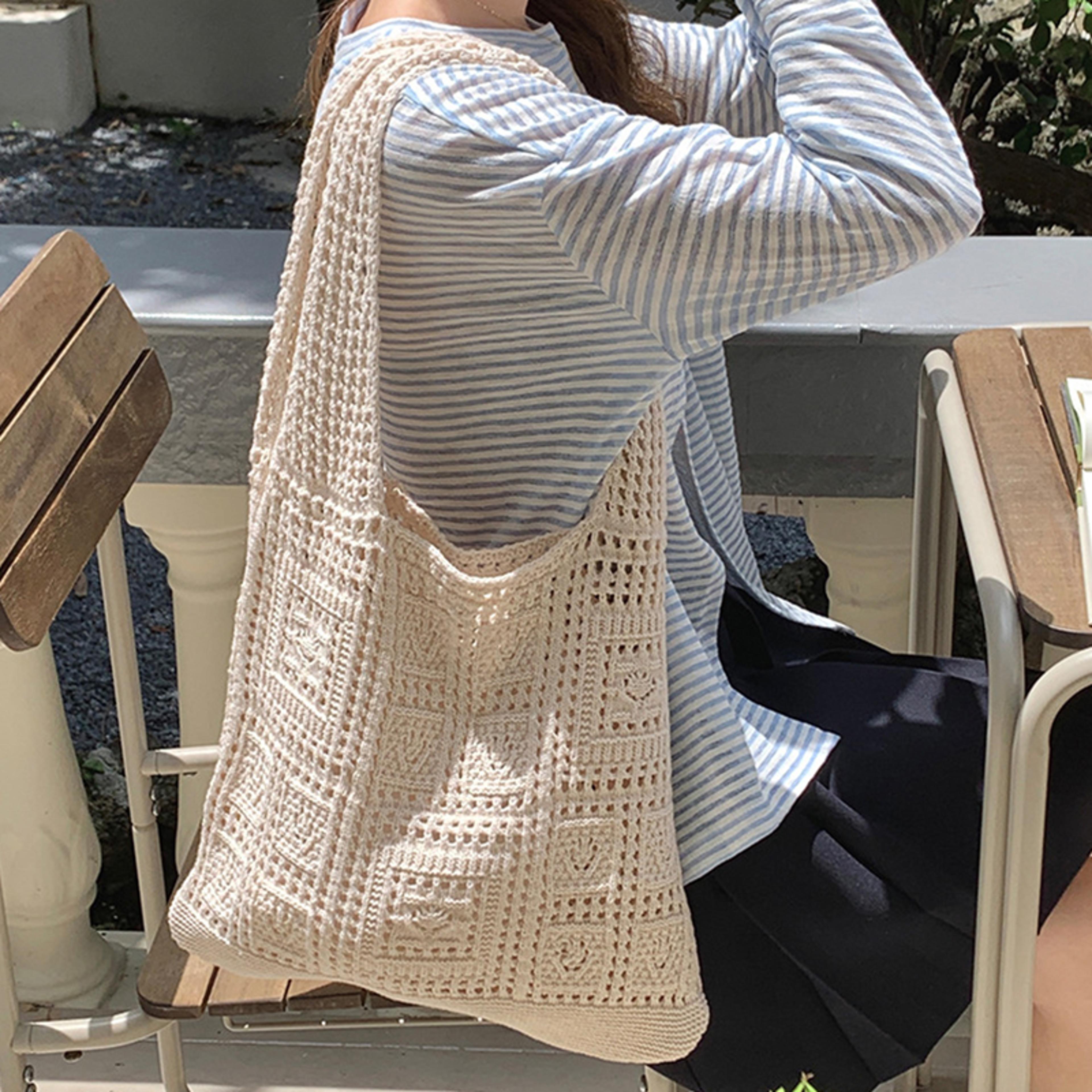 womens crochet tote bag casual hollow knit shoulder shopping handbag