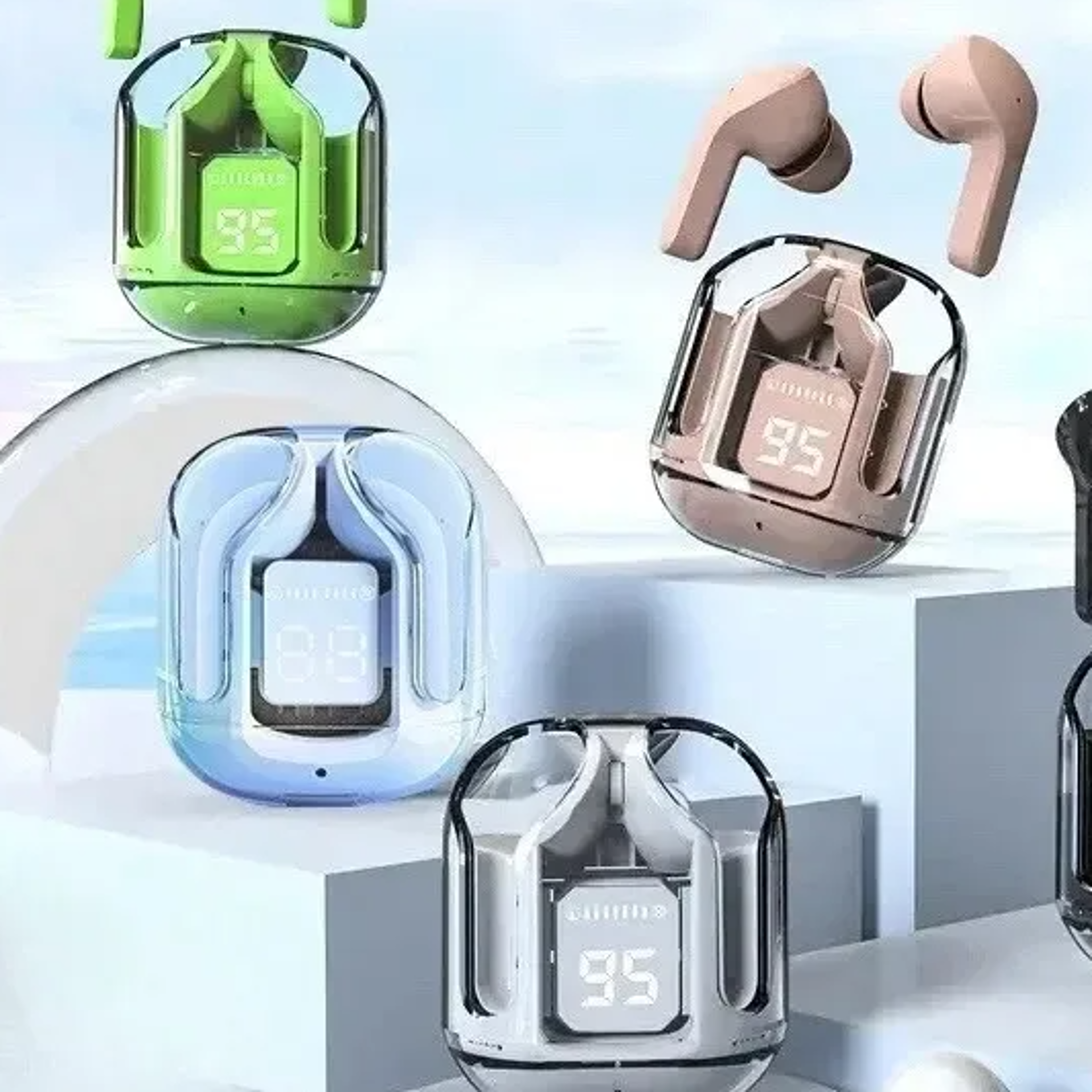 wireless bluetooth earphones with transparent design sound & led digital display stereo sound earbuds for ultimate audio