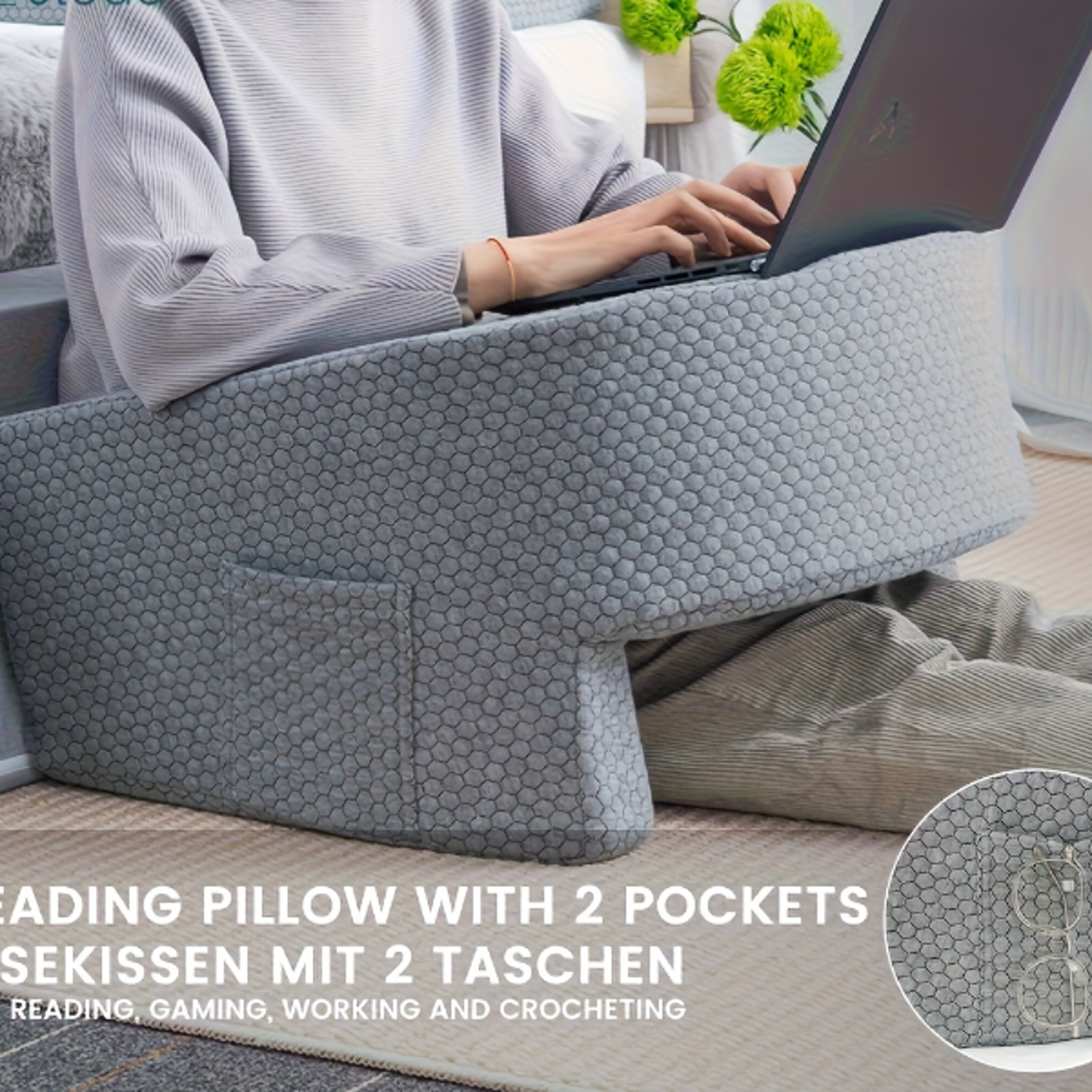 extra large memory foam lap desk & reading pillow with arm rests for gaming working and bed comfort designed