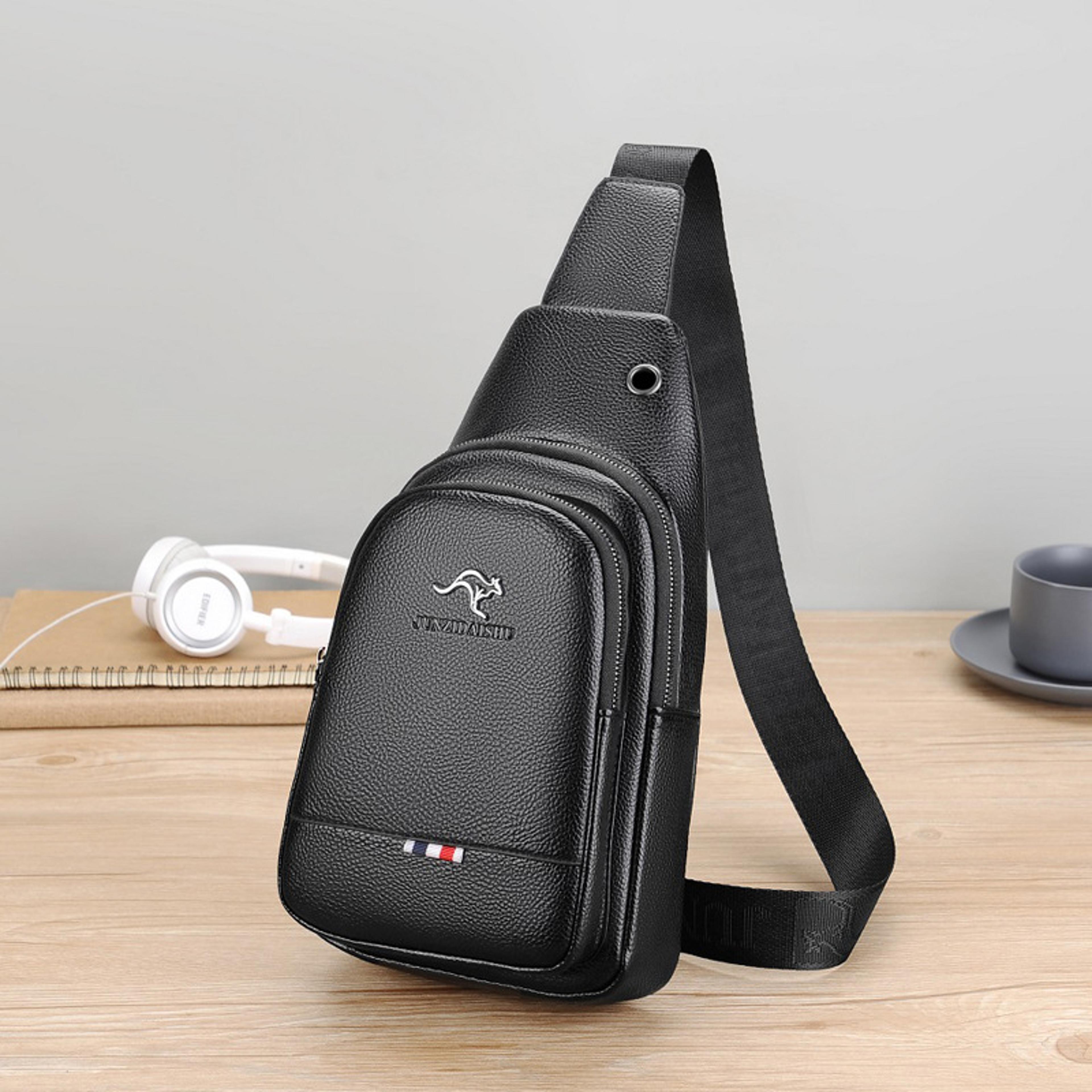 luxury leather crossbody sling bag for men travel chest pack messenger bag in black & brown
