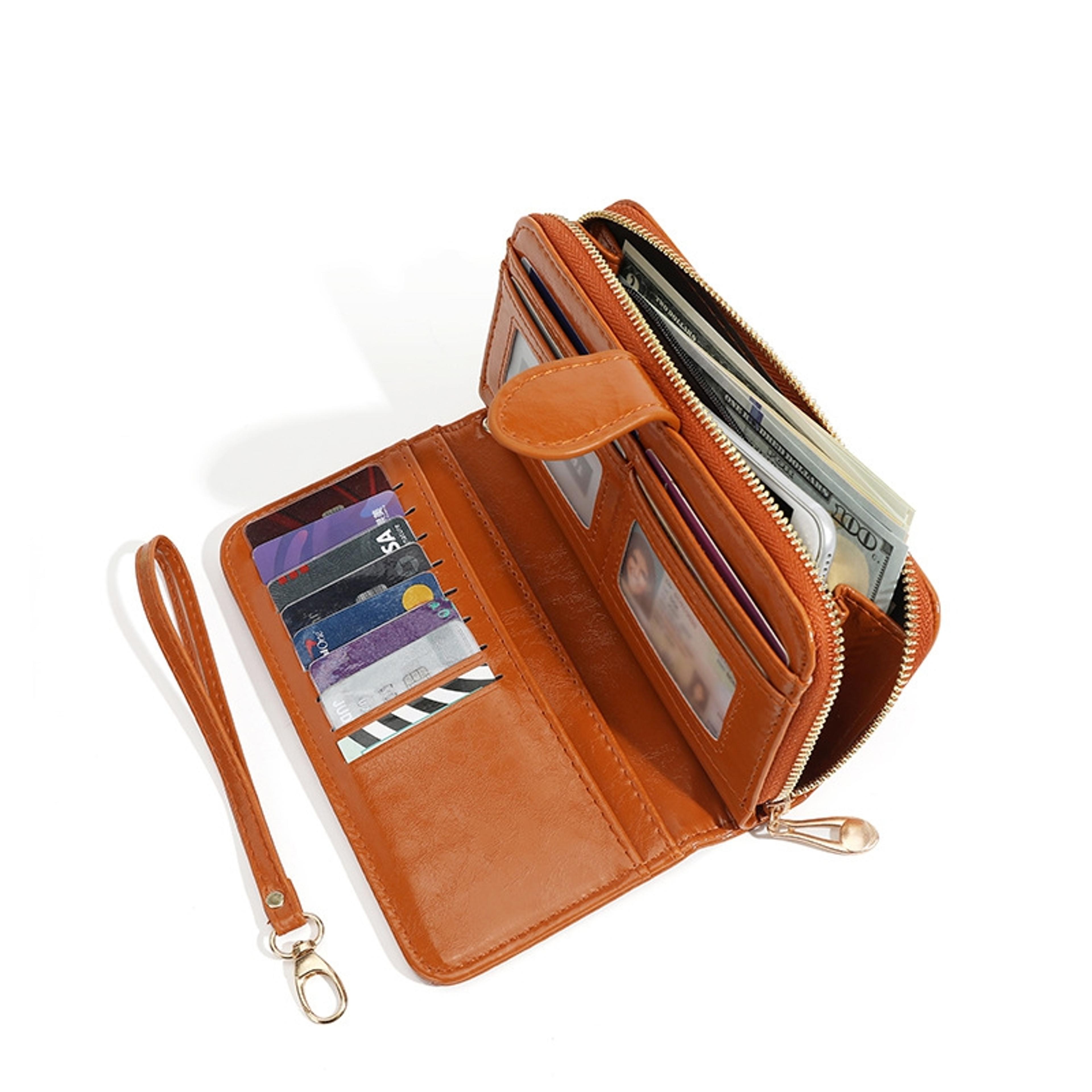 Vintage Oil Wax PU Leather Clutch Wallet Large Capacity Womens Phone Purse With Wristband 1