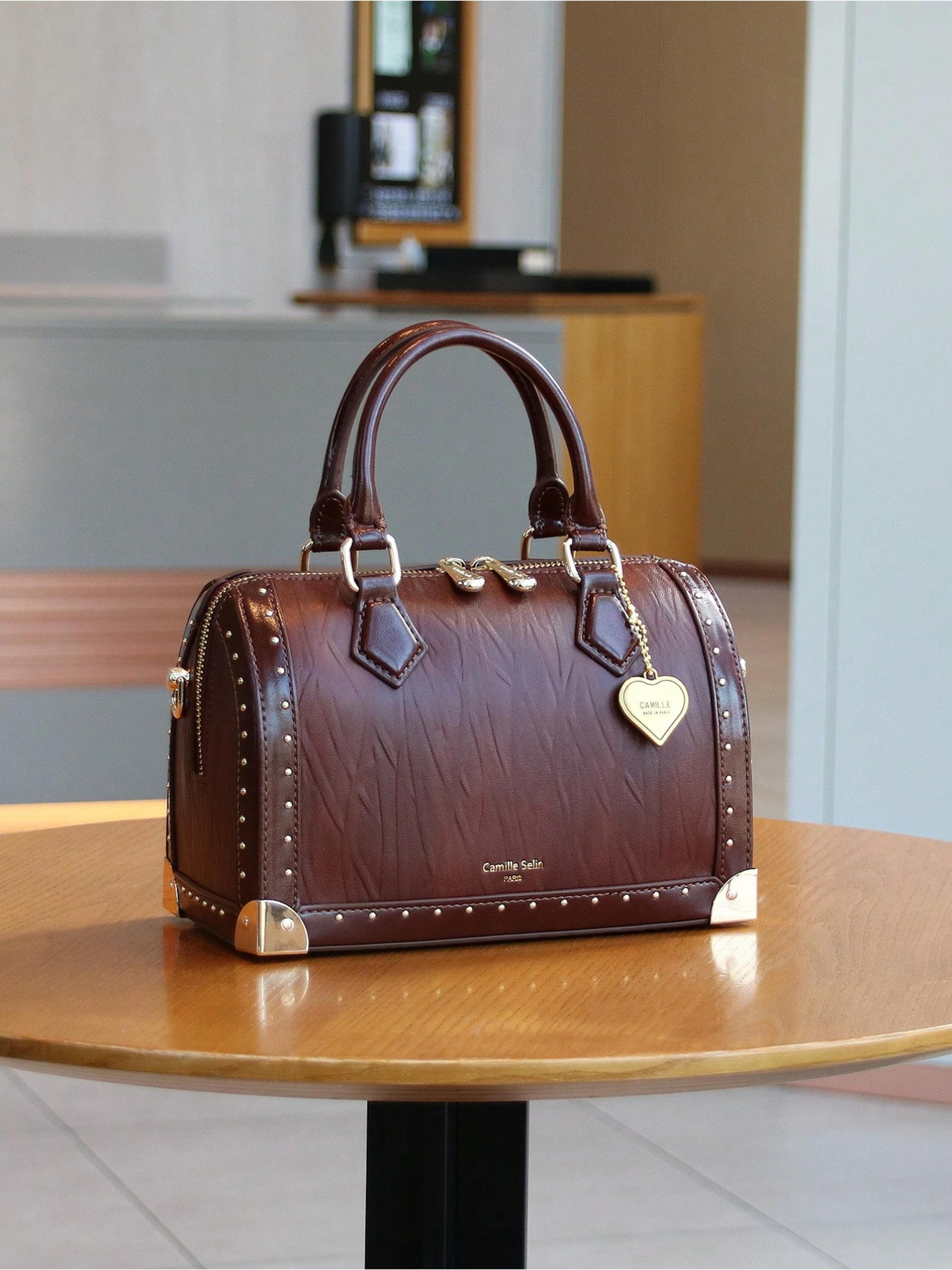 Fashionable Vintage Rivet BoxShaped Handbag For Women Personalized Street Style Boston Bag 1