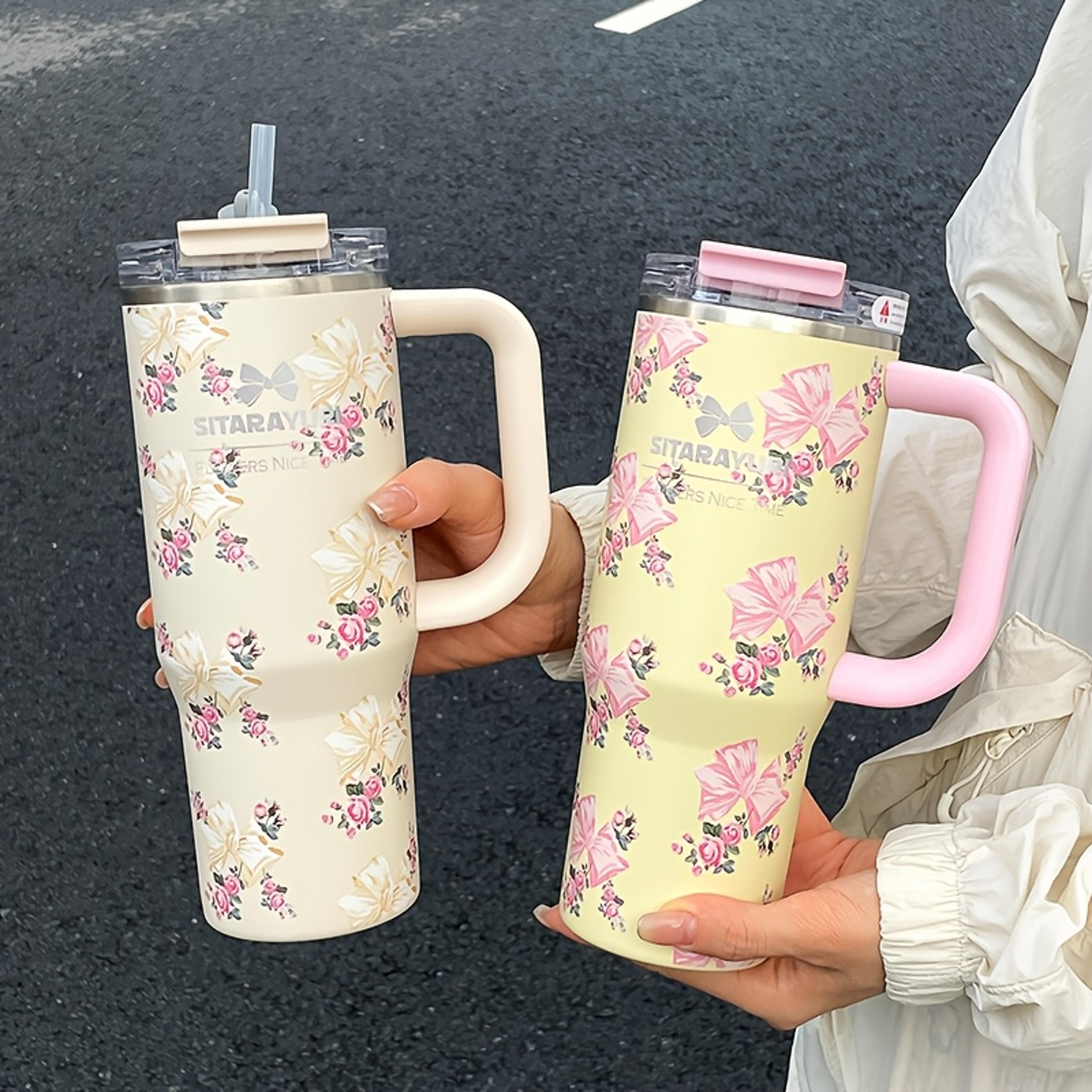 floral print stainless steel tumbler with straw vacuum insulated ice cold retention cup