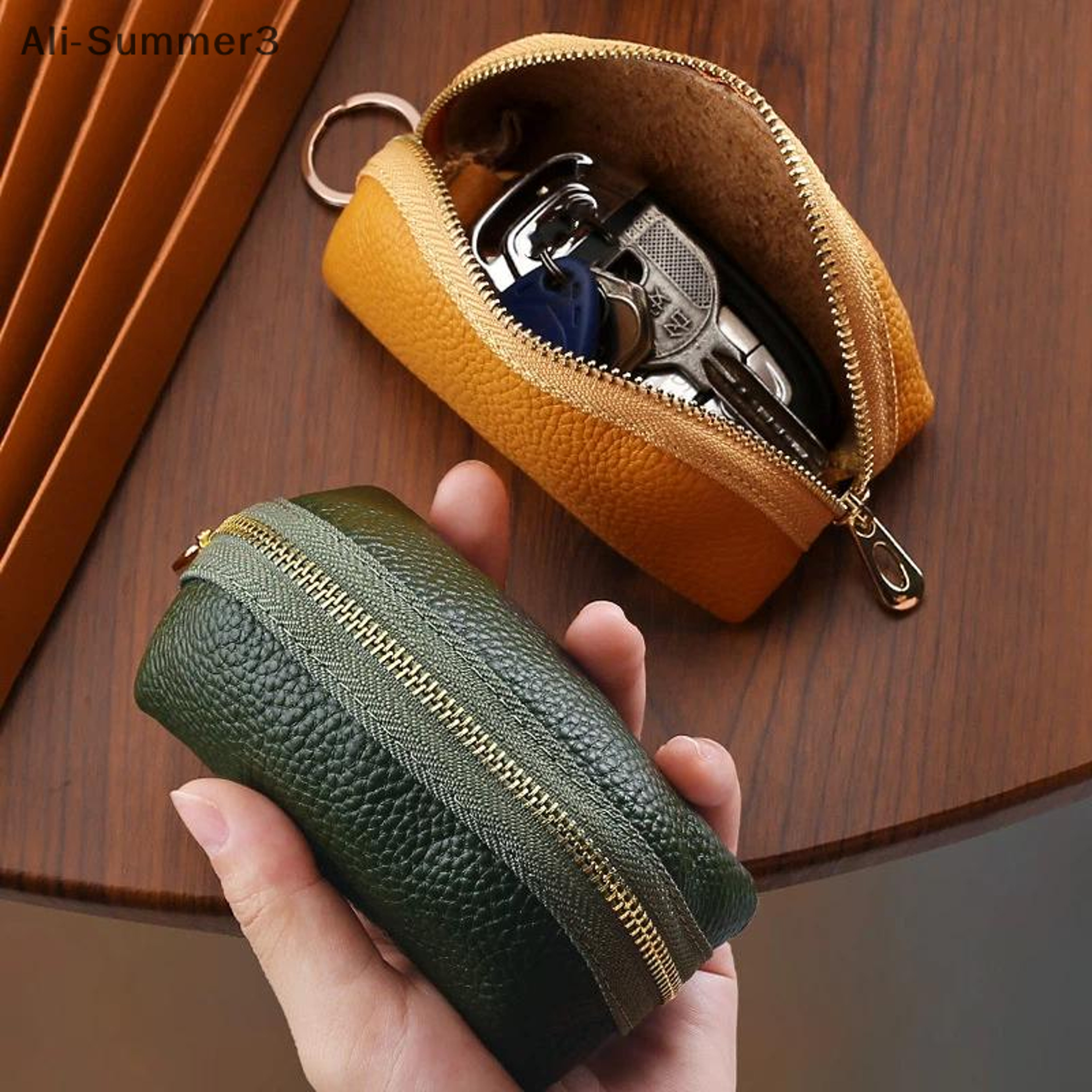 premium genuine leather car key case and compact zippered key wallet for men and women