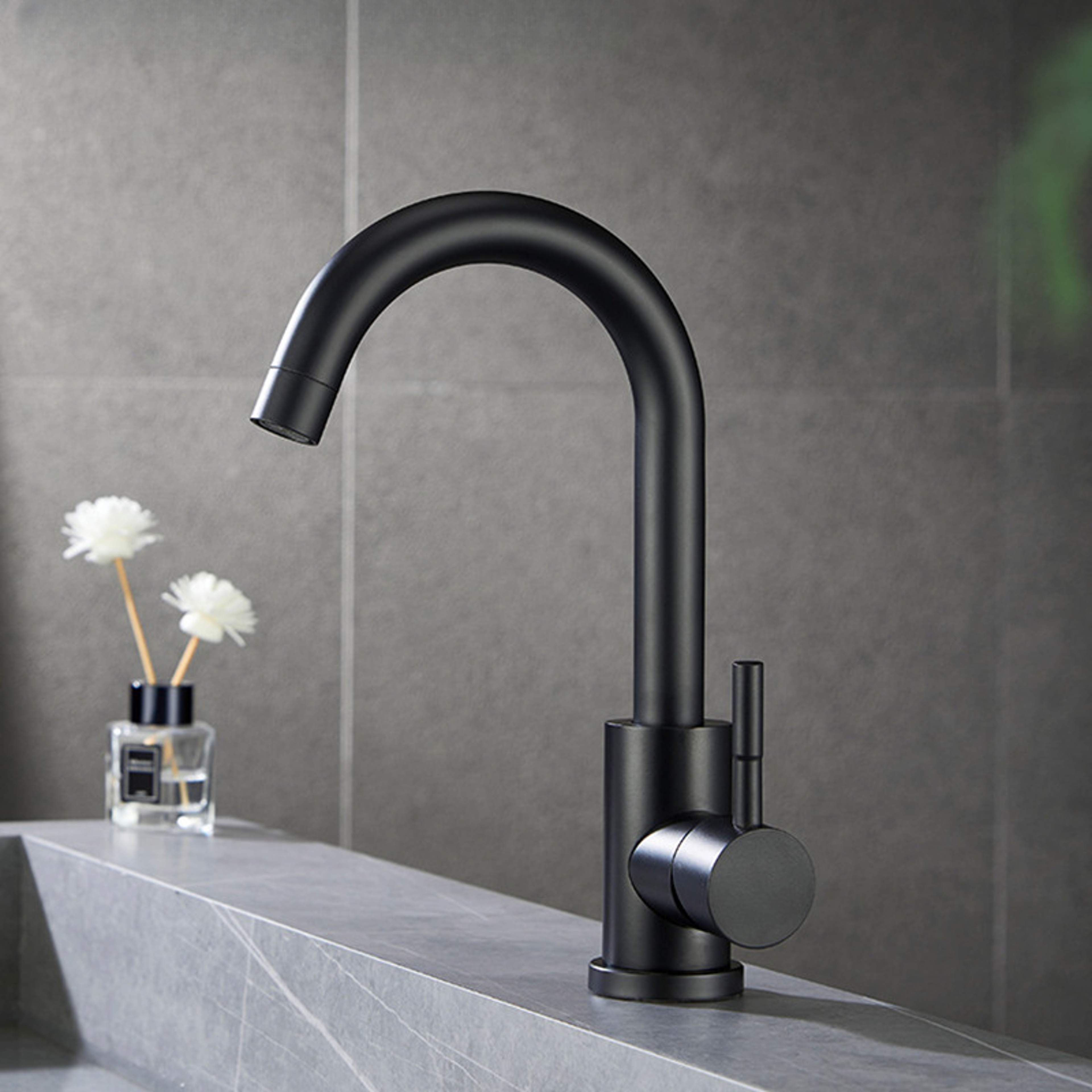 modern tall vessel sink faucet in black or silver stainless steel