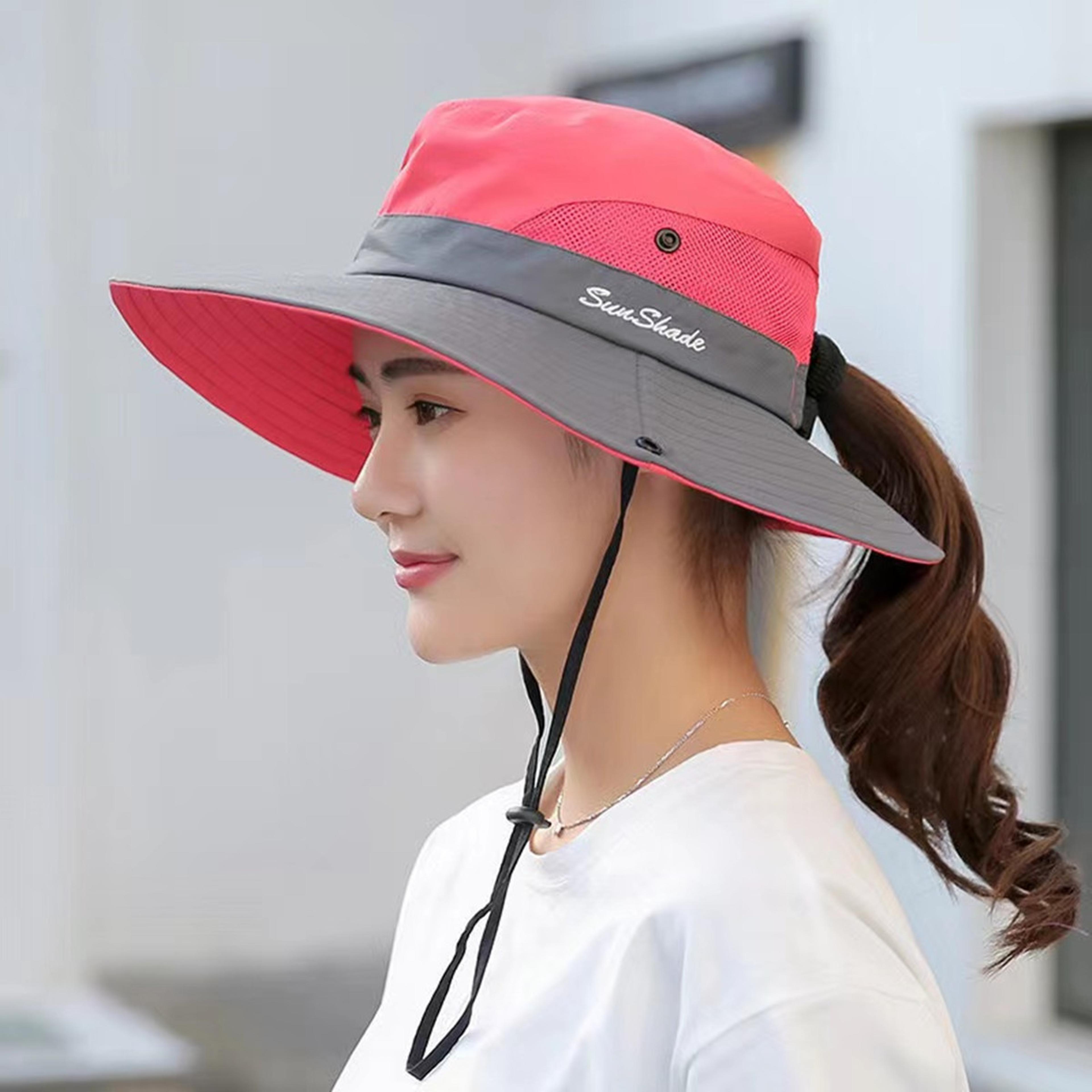 Womens Wide Brim Bucket Hat With Ponytail Hole Quick Dry Outdoor Sun Protection Hat 3