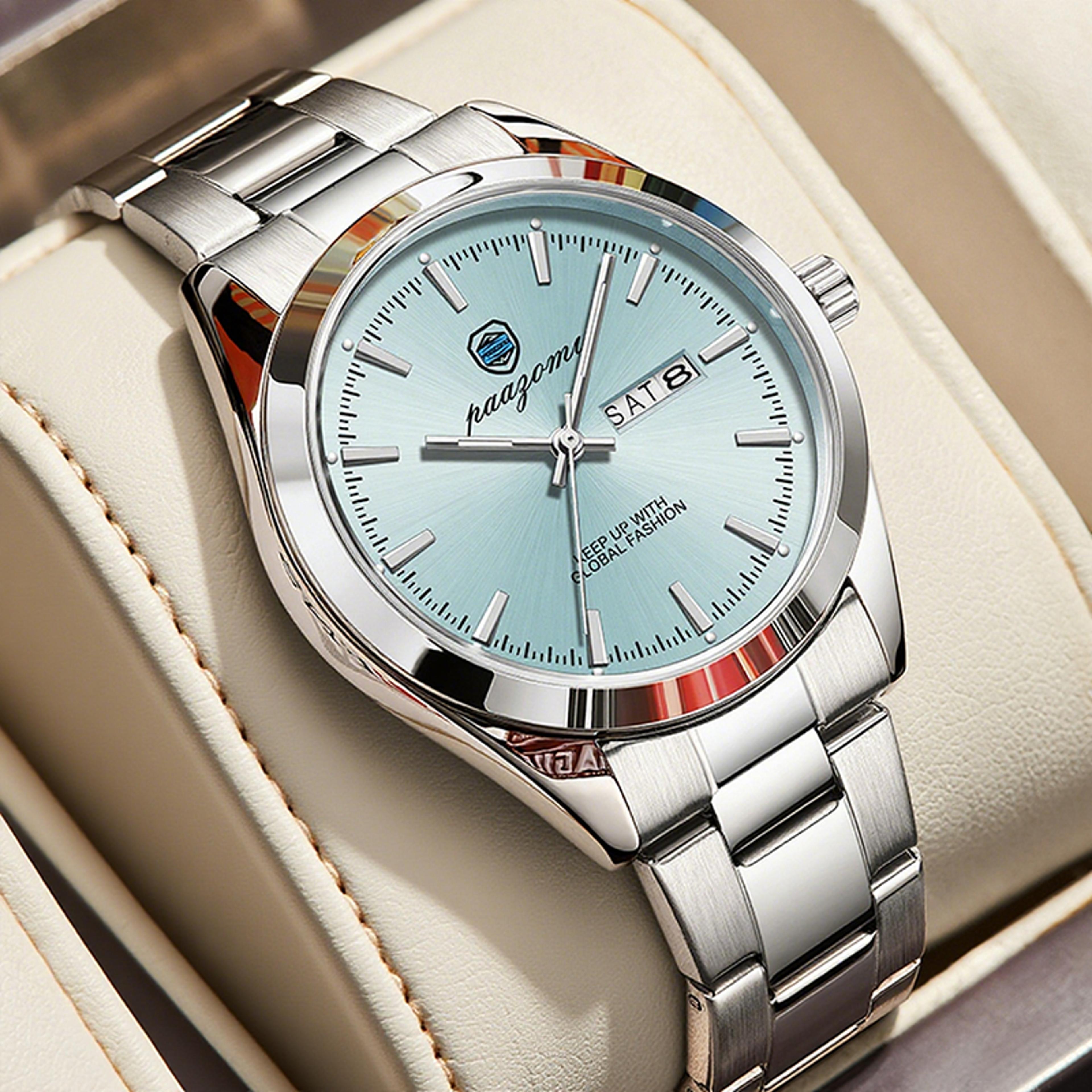 mens stainless steel quartz watch waterproof luminous date week business wristwatch