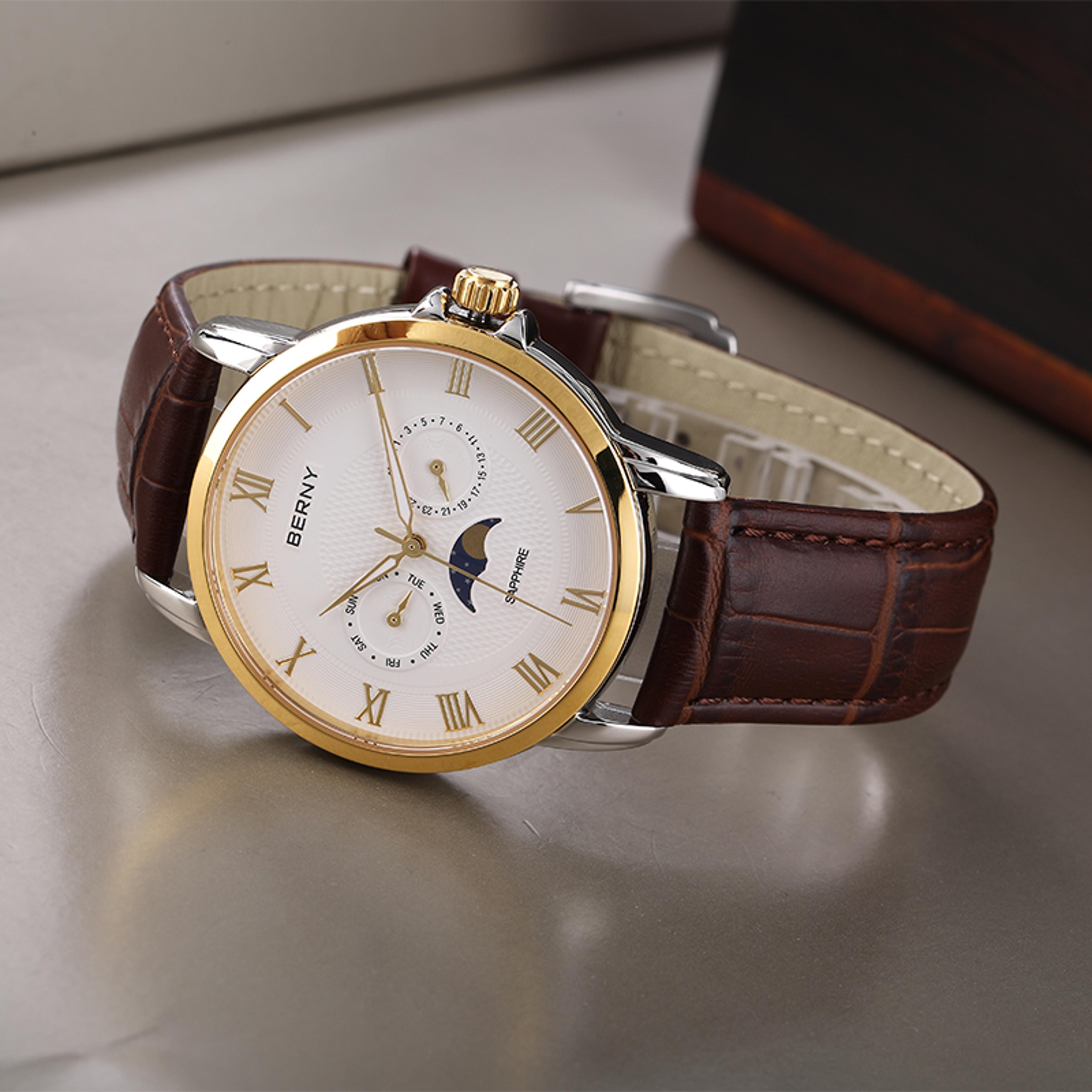Mens Moon Phase Quartz Watch Sapphire Stainless Steel Business Dress Watch 1