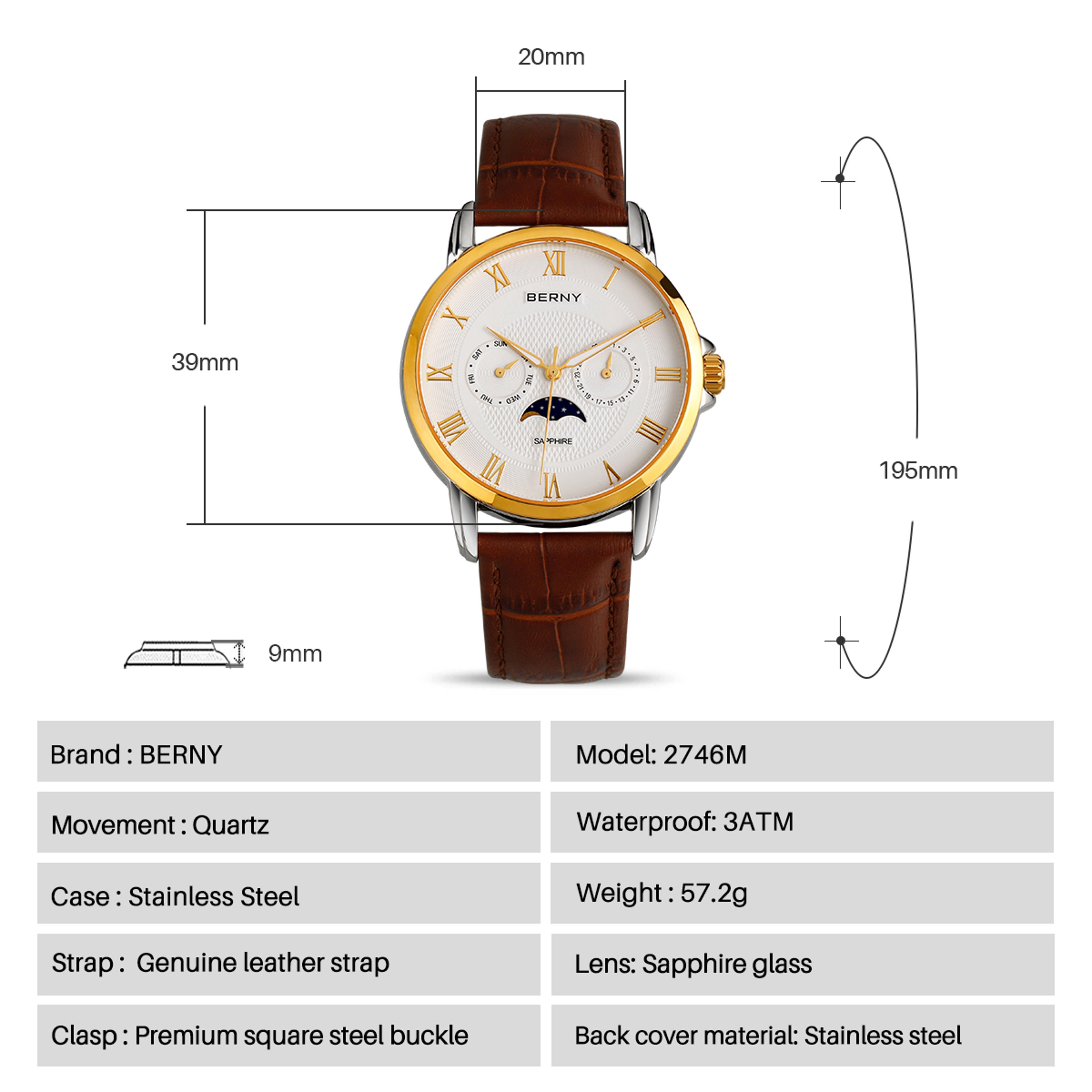 Mens Moon Phase Quartz Watch Sapphire Stainless Steel Business Dress Watch 4