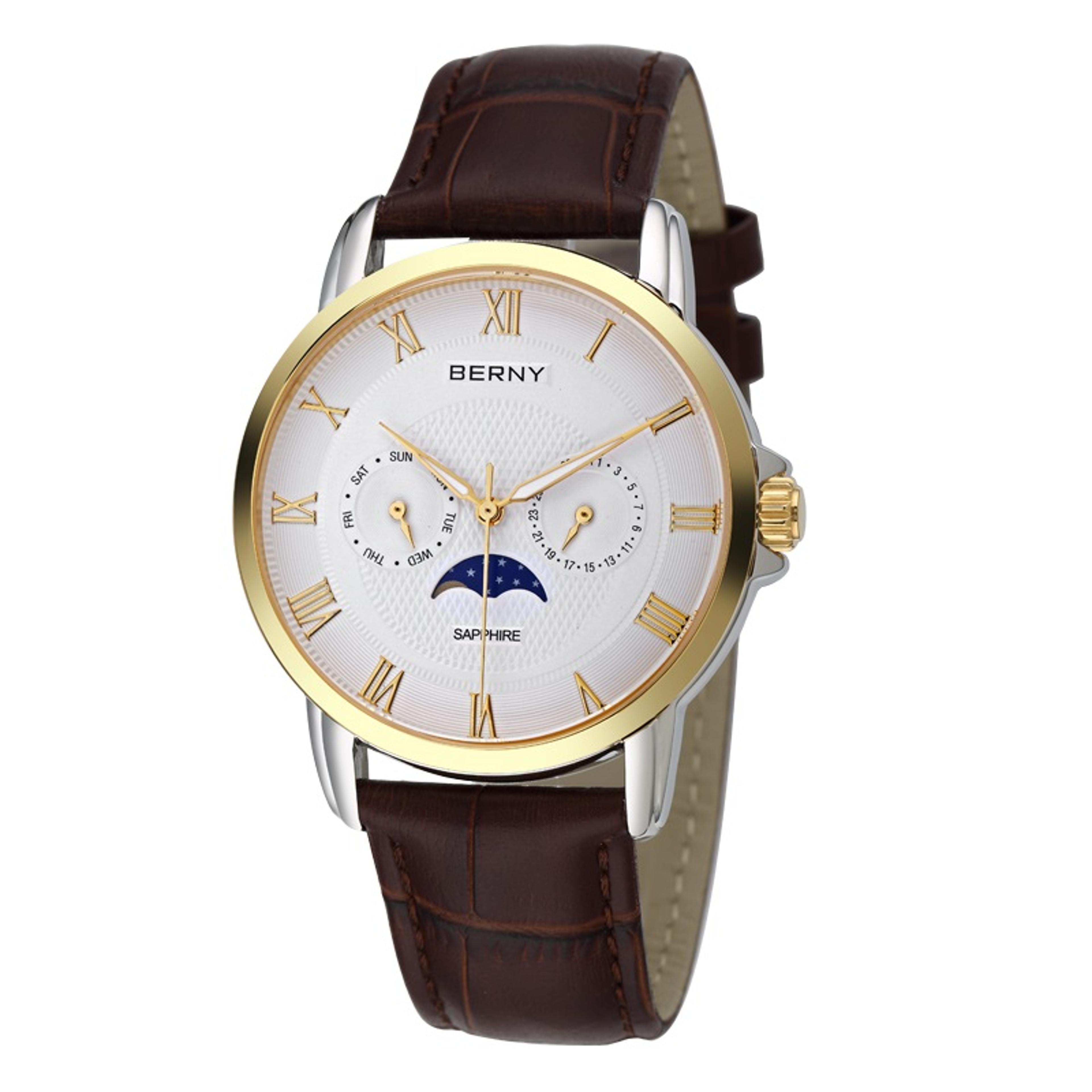 Mens Moon Phase Quartz Watch Sapphire Stainless Steel Business Dress Watch 5
