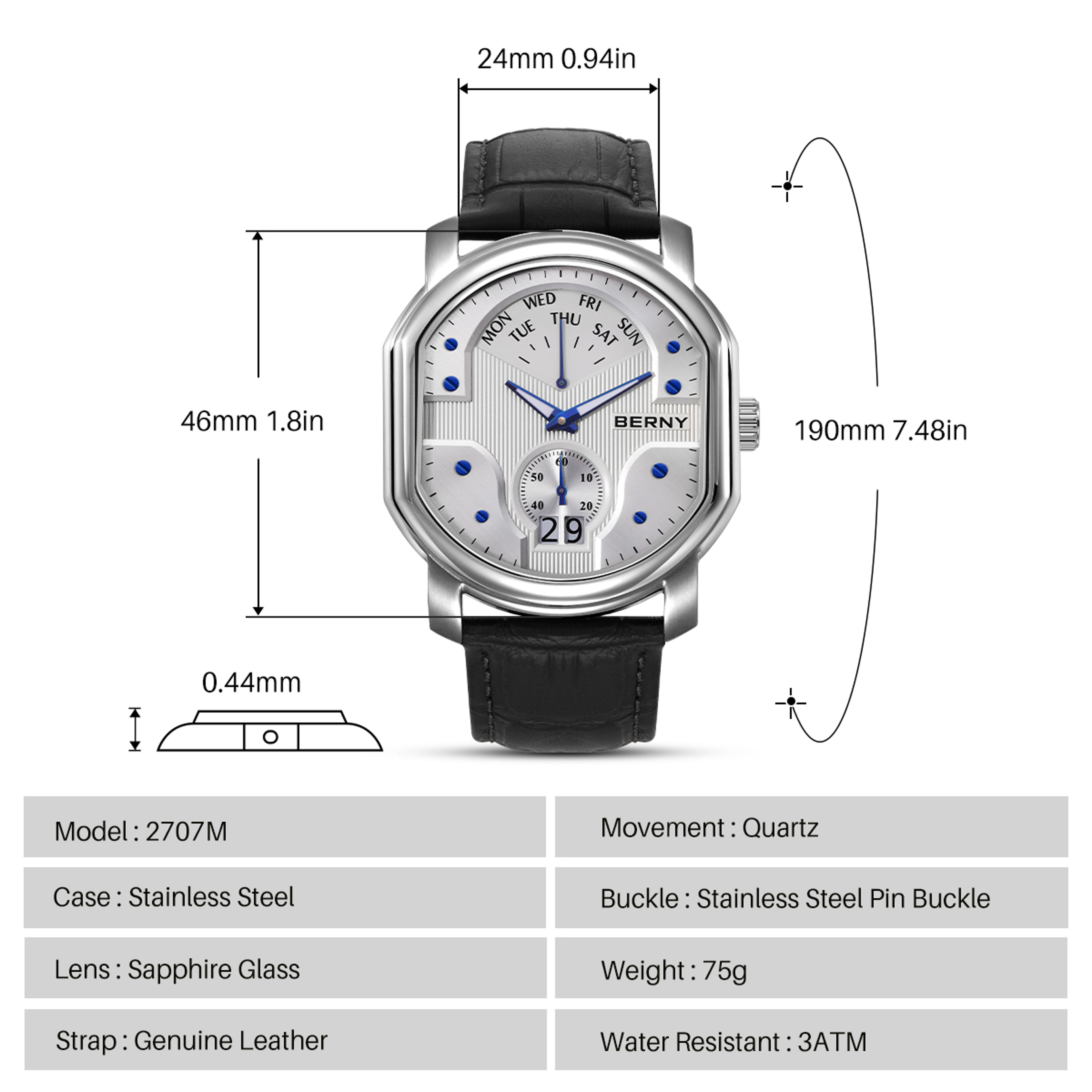 Classic Mens Ronda Quartz Watch Sapphire Crystal Stainless Steel Dress Watch 3