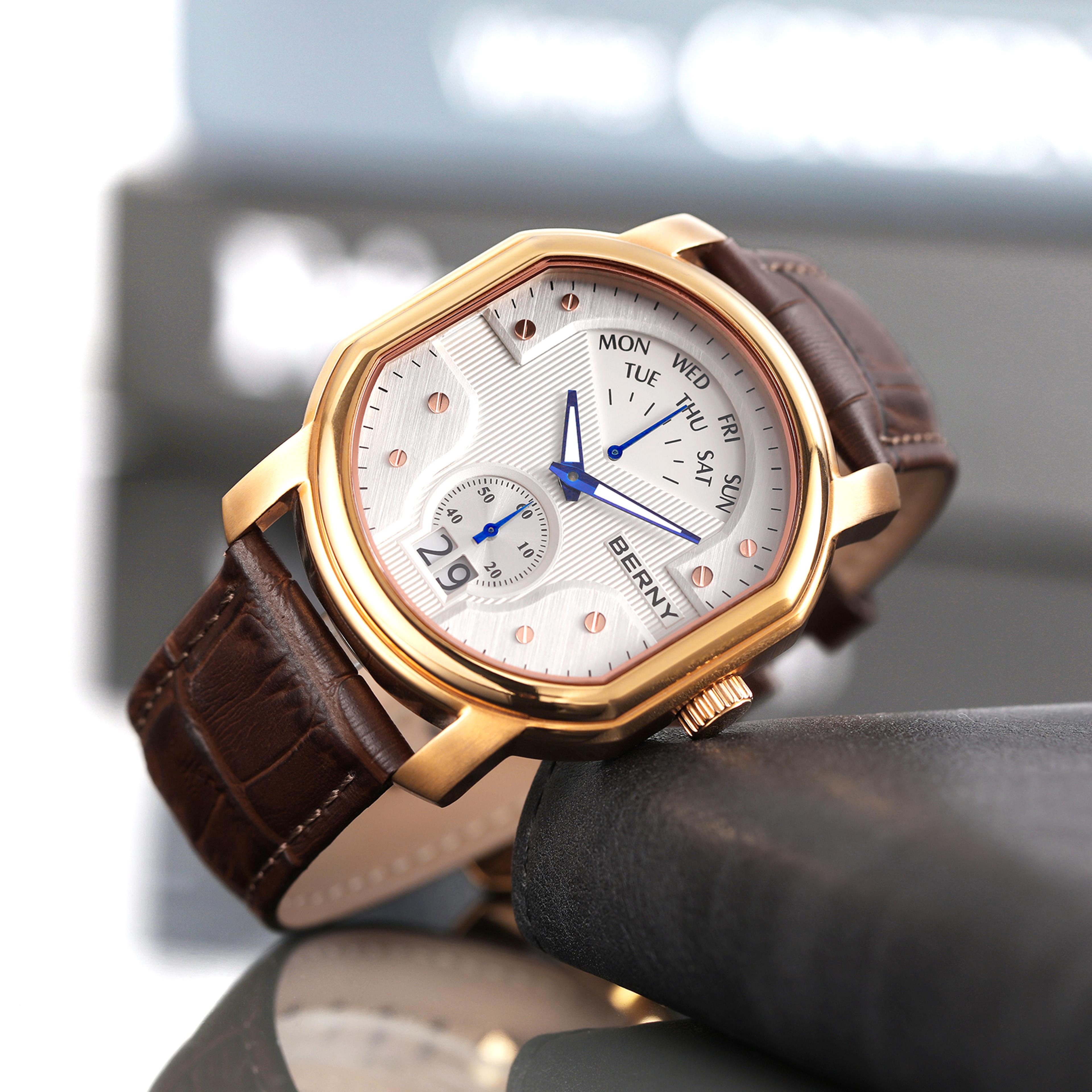 Swiss Ronda Mens Quartz Watch Sapphire Crystal Tonneau Day Date Watch 2