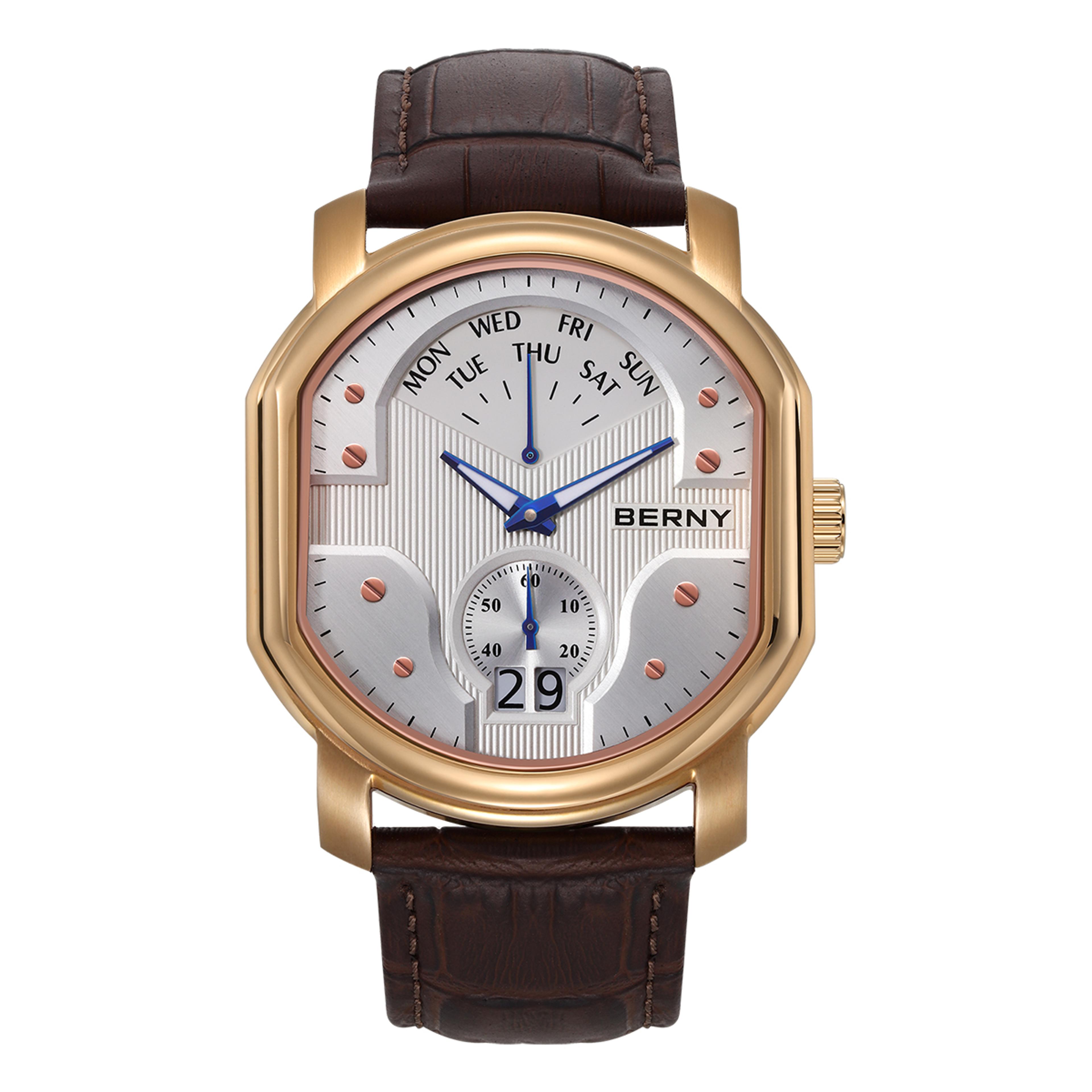Swiss Ronda Mens Quartz Watch Sapphire Crystal Tonneau Day Date Watch 5