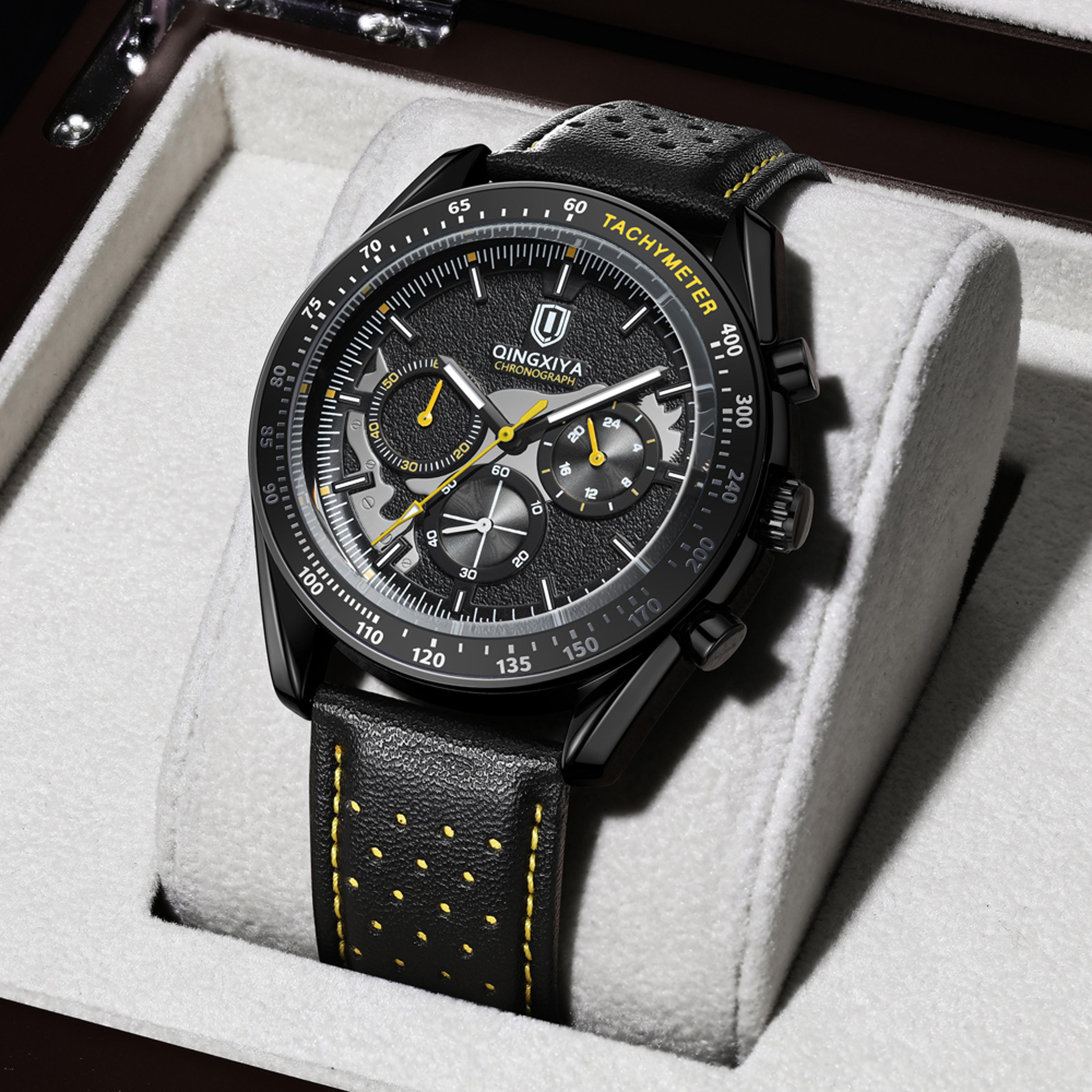 mens skeleton chronograph quartz watch with leather strap luminous waterproof sport design