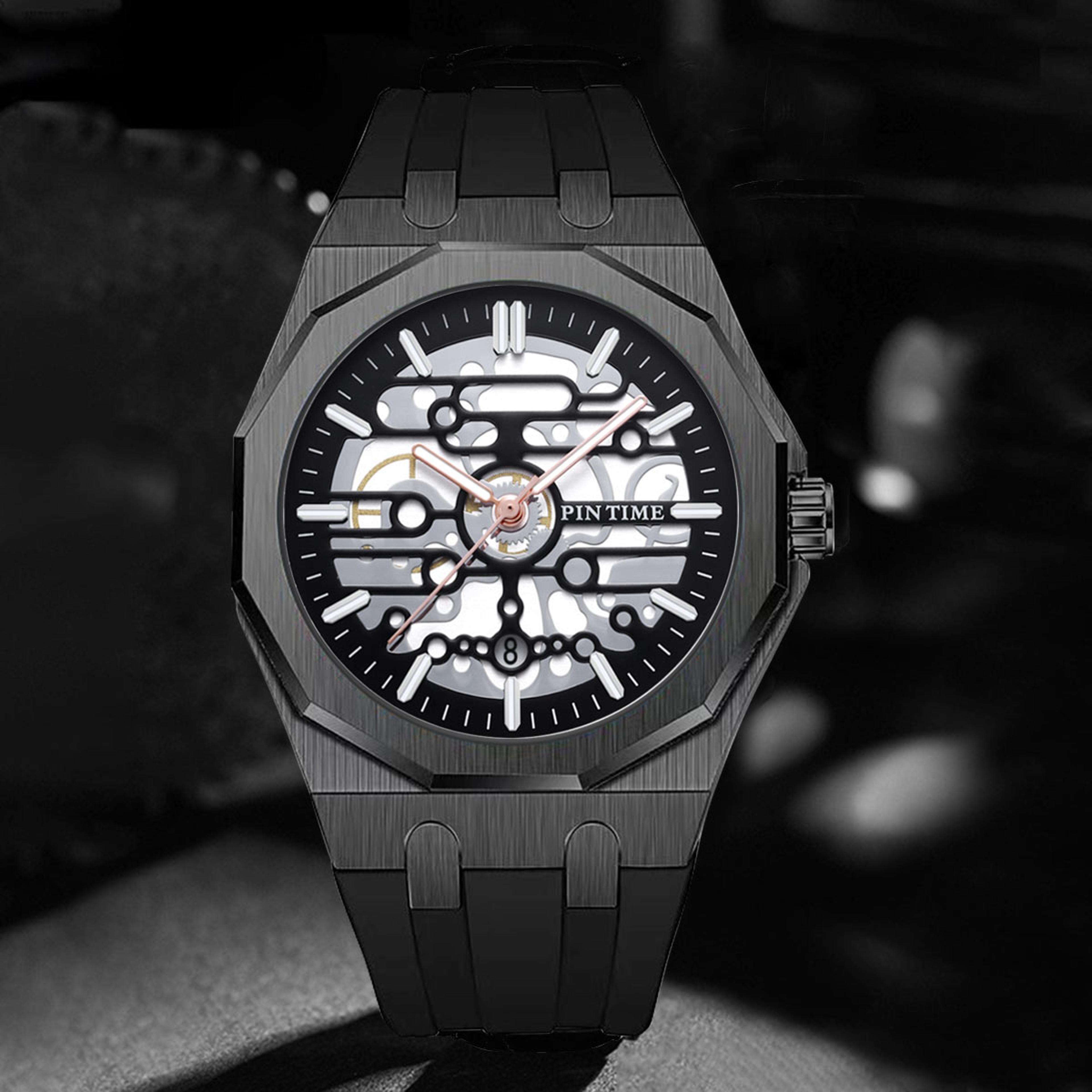mechanical style mens skeleton quartz watch waterproof casual wristwatch