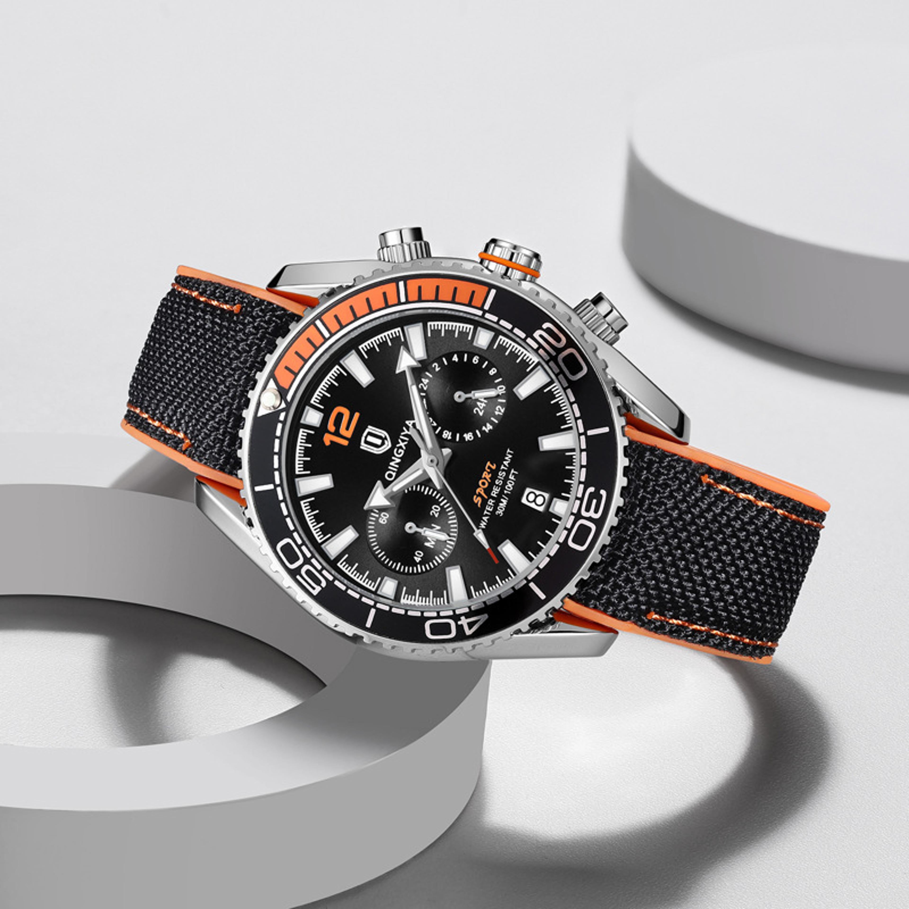 classic mens chronograph quartz watch with luminous hands and steel design