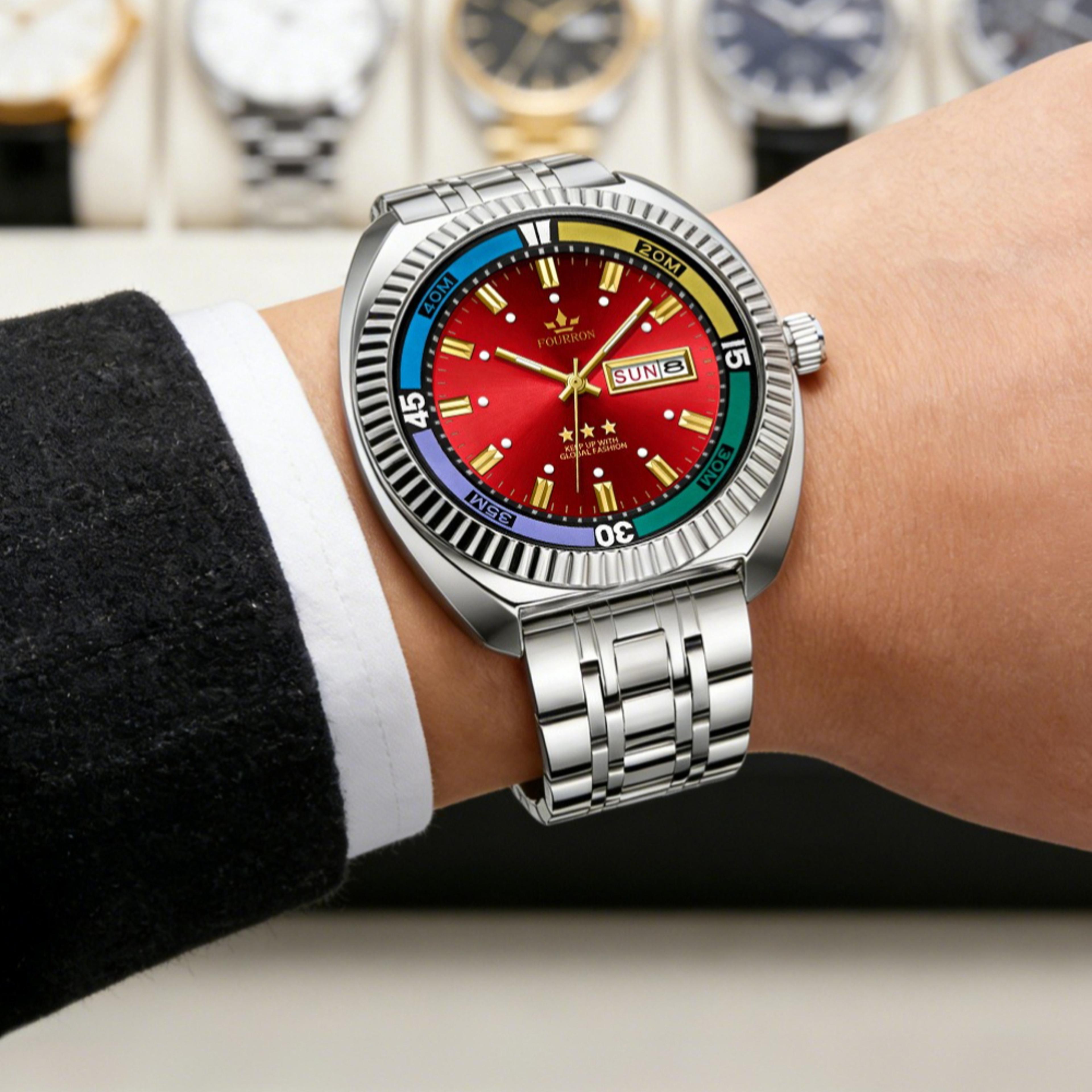 creative red dial mens quartz watch stainless steel calendar watch