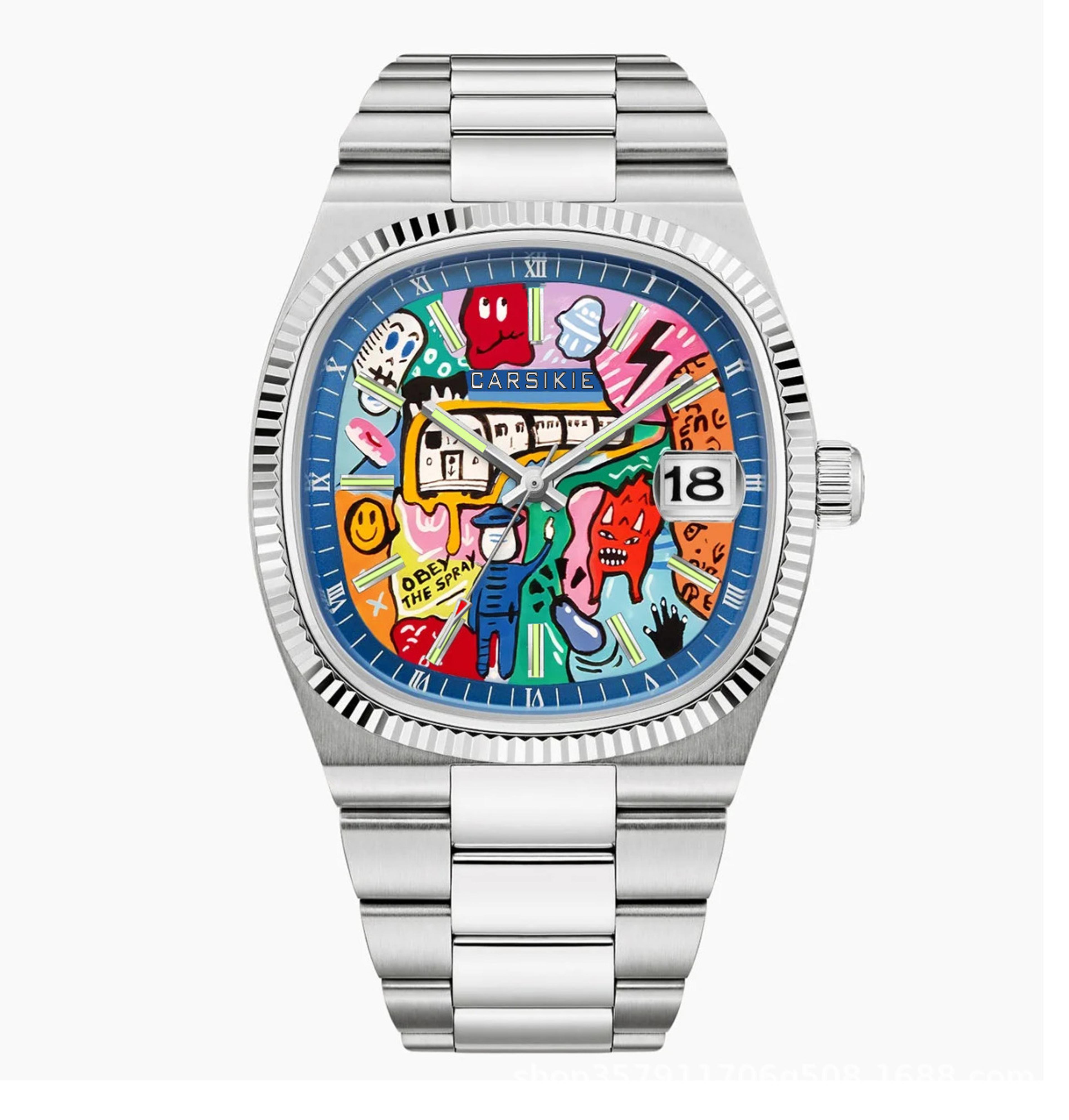 Creative Oil Painting Dial Mens Quartz Watch With Steel Band 3