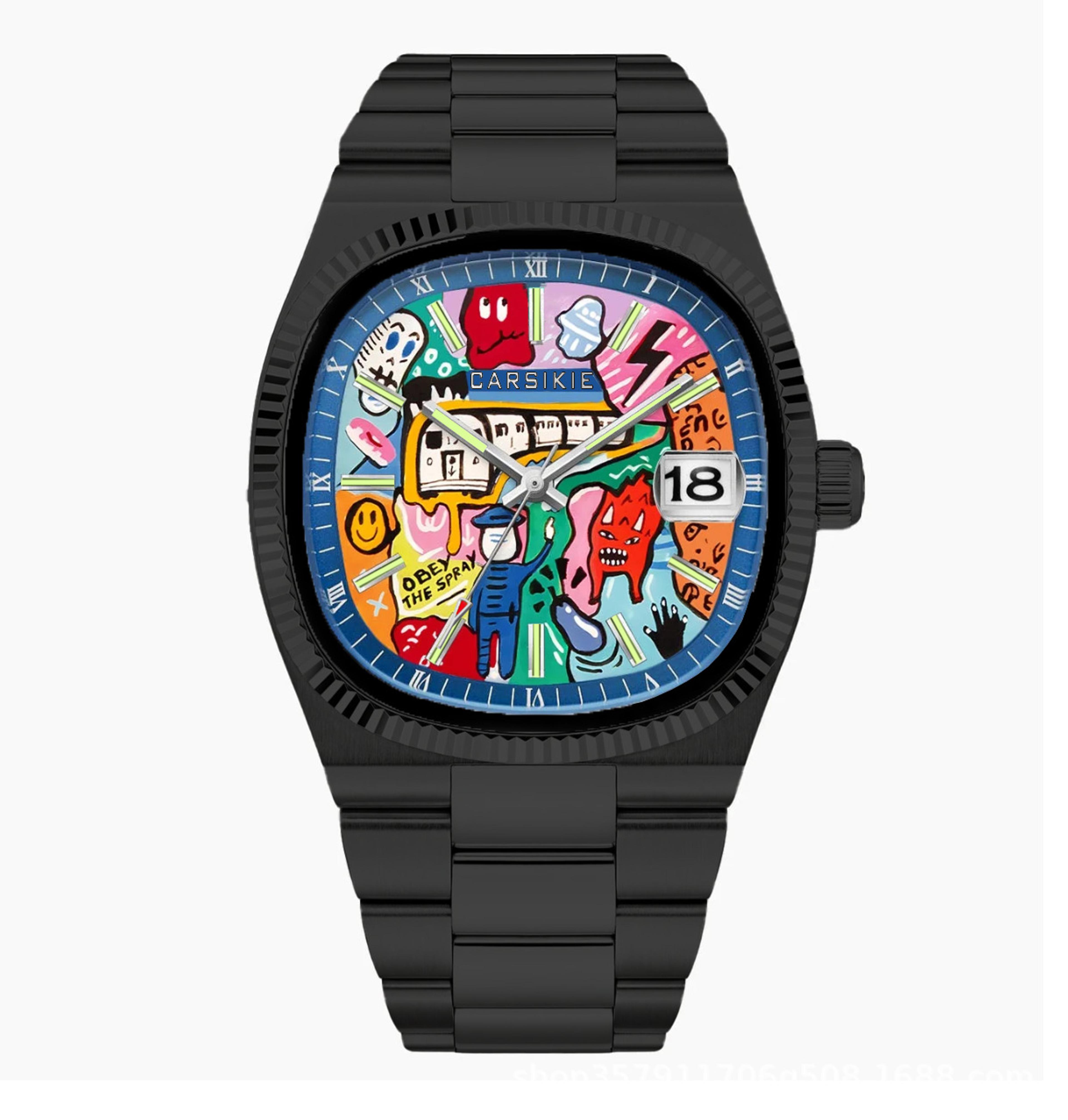 Creative Oil Painting Dial Mens Quartz Watch With Steel Band 4
