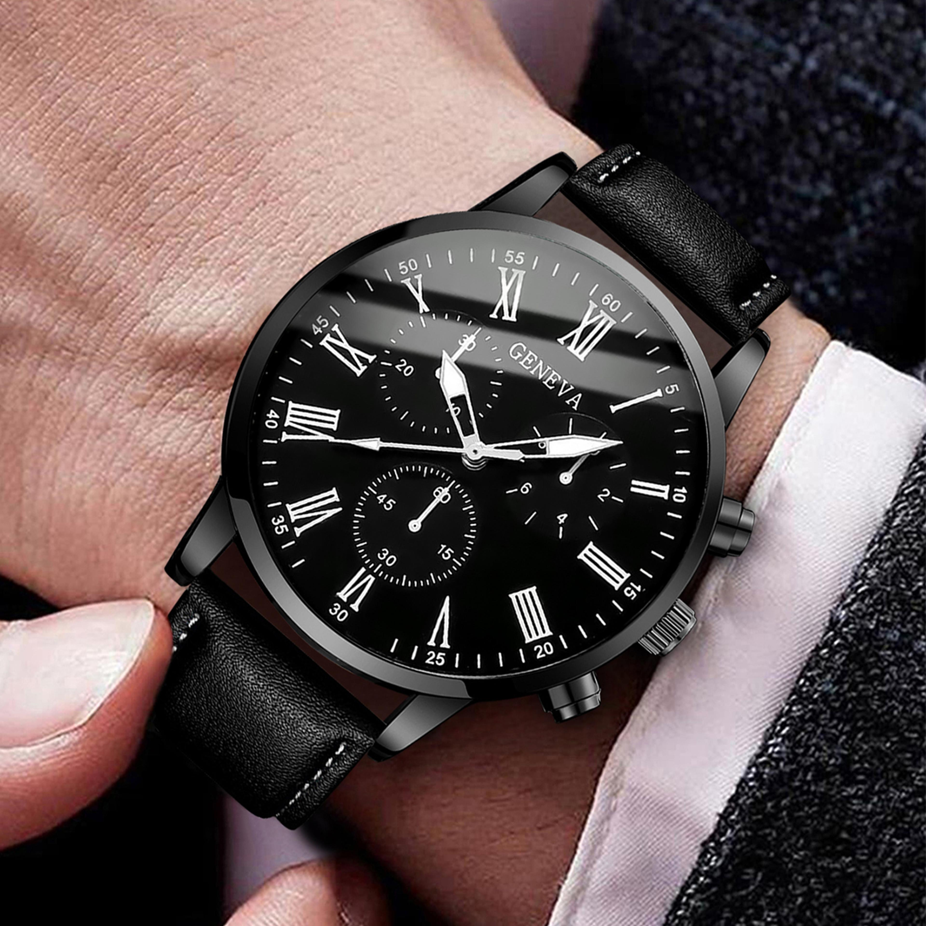 classic mens business watch leather strap analog quartz dress watch