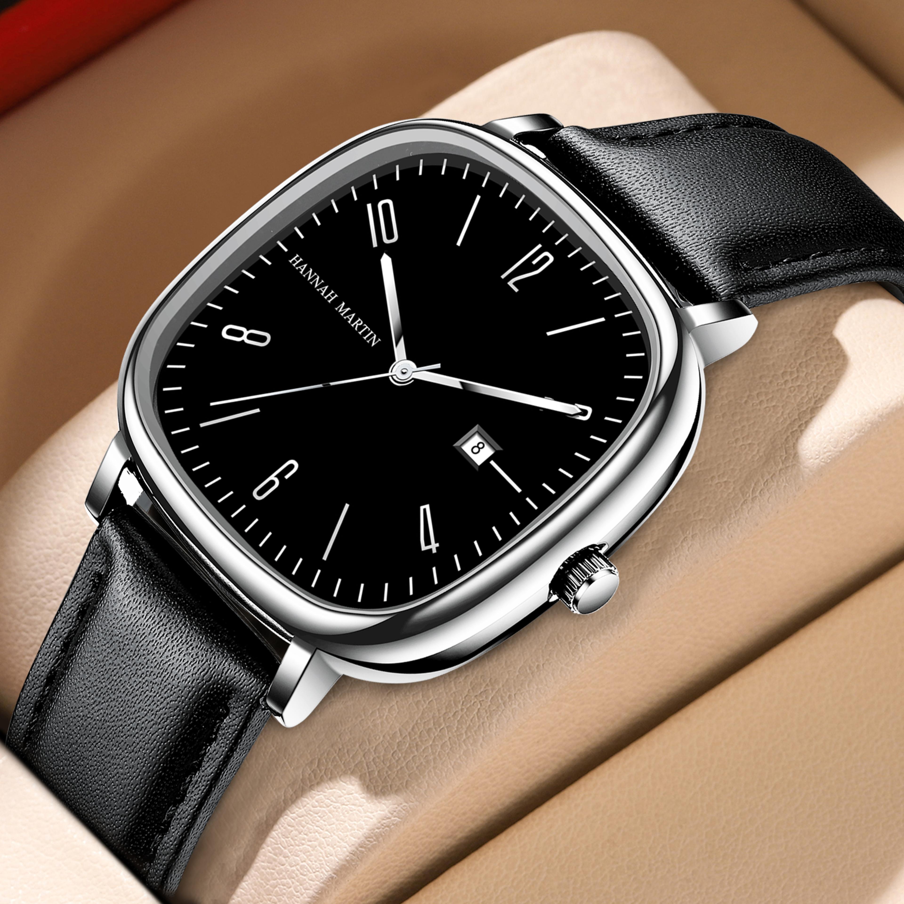 classic mens square watch black leather quartz business watch