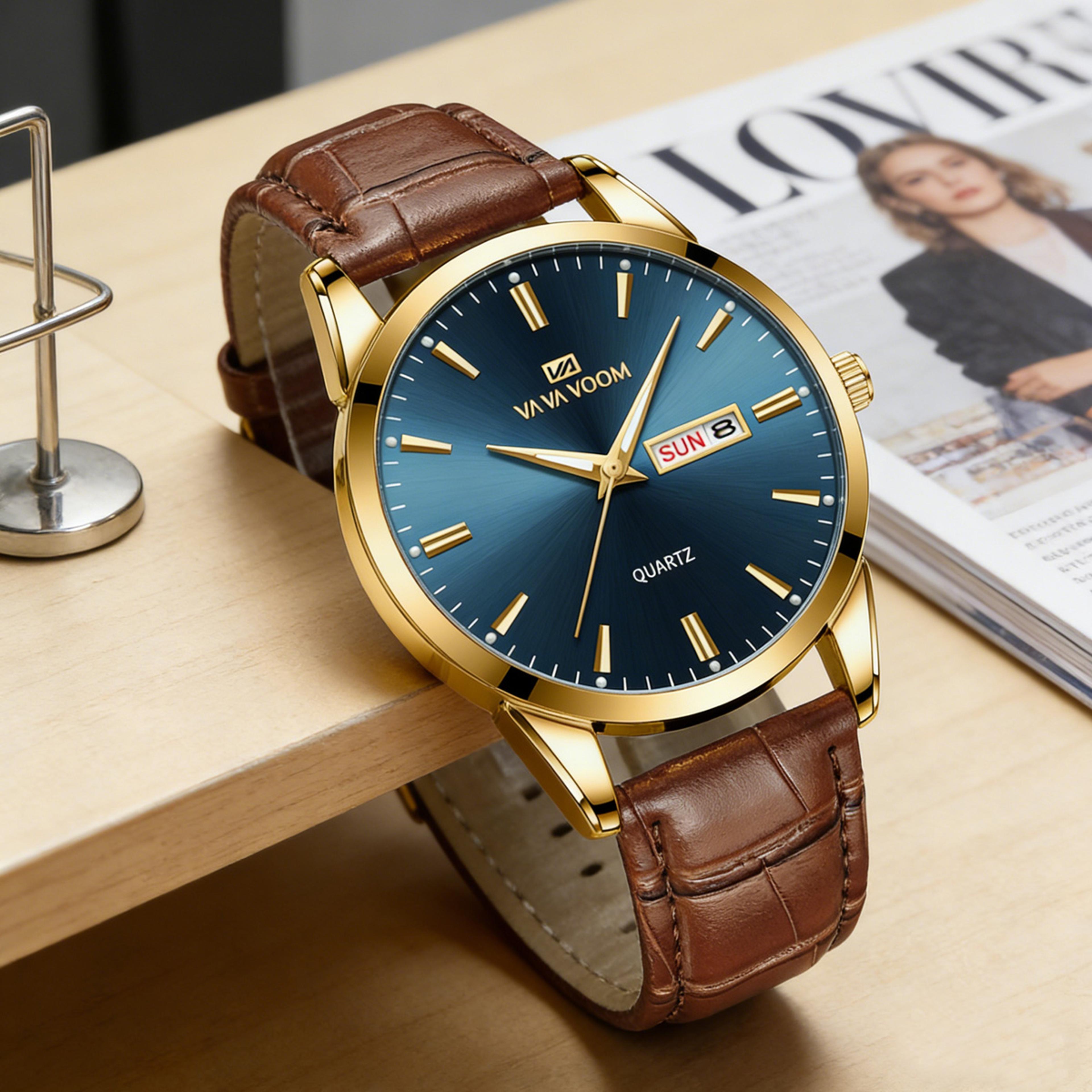 classic mens leather watch with week calendar and water resistance