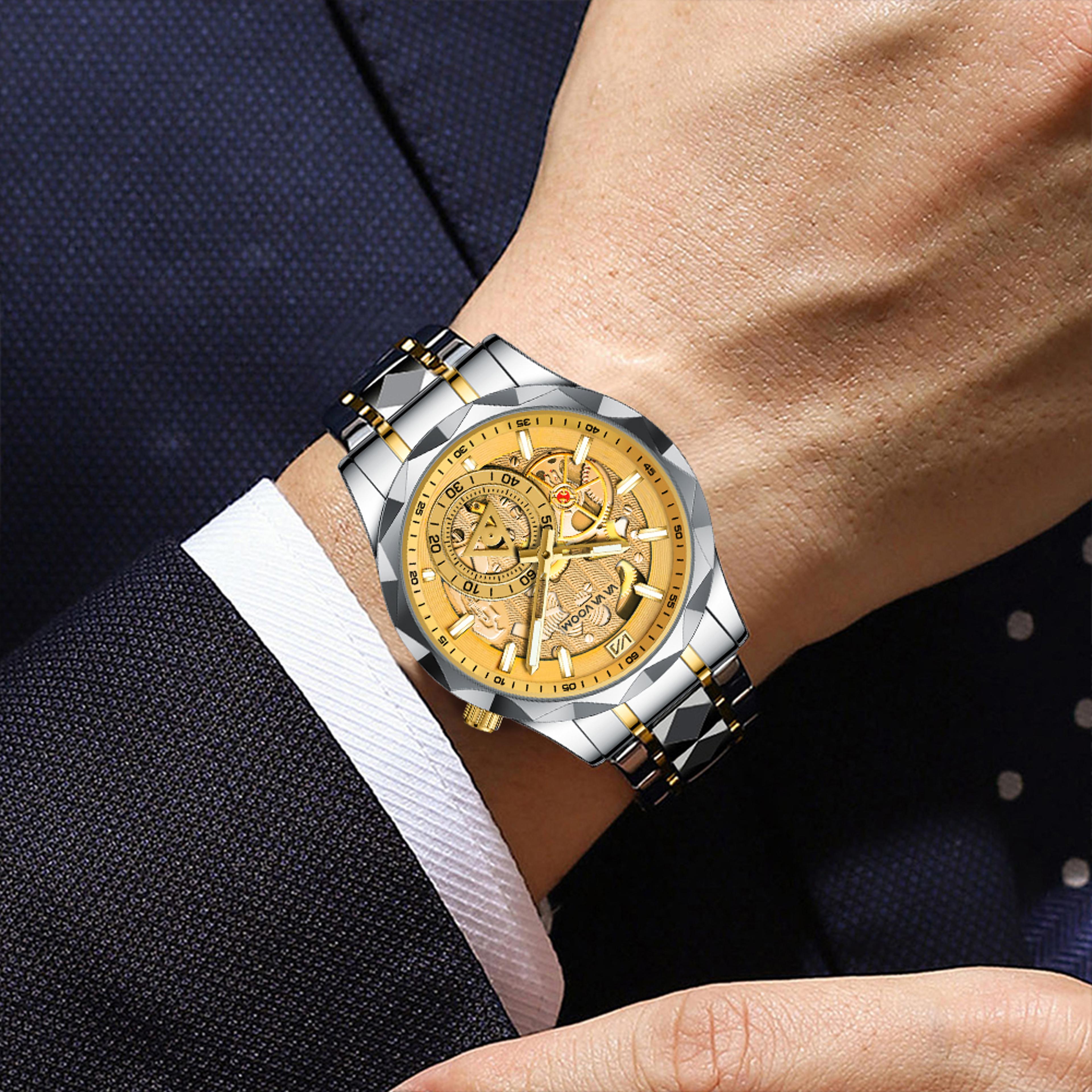 hollow dial gold stainless steel mens quartz watch with luminous display