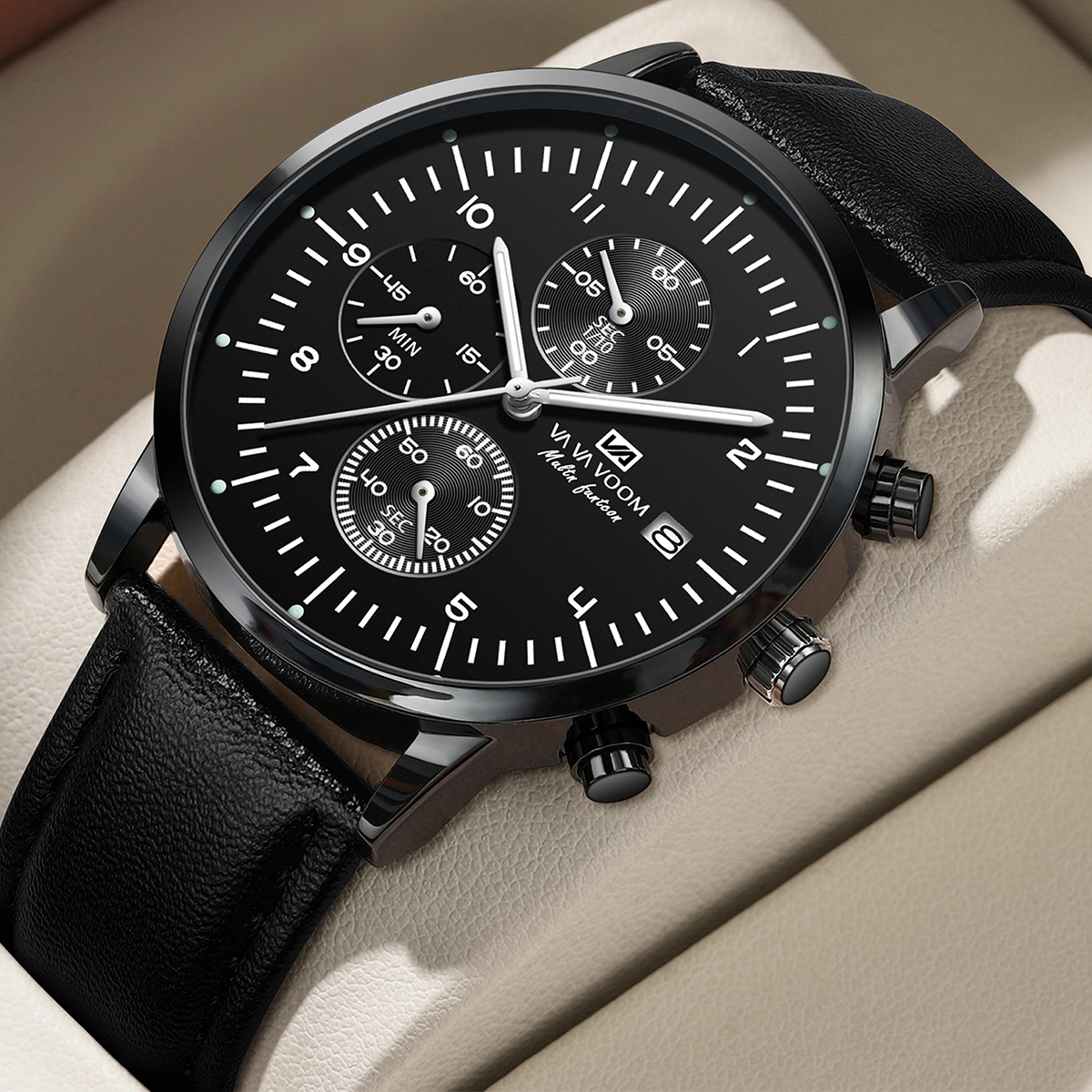 mens leather multifunction quartz watch black casual wristwatch