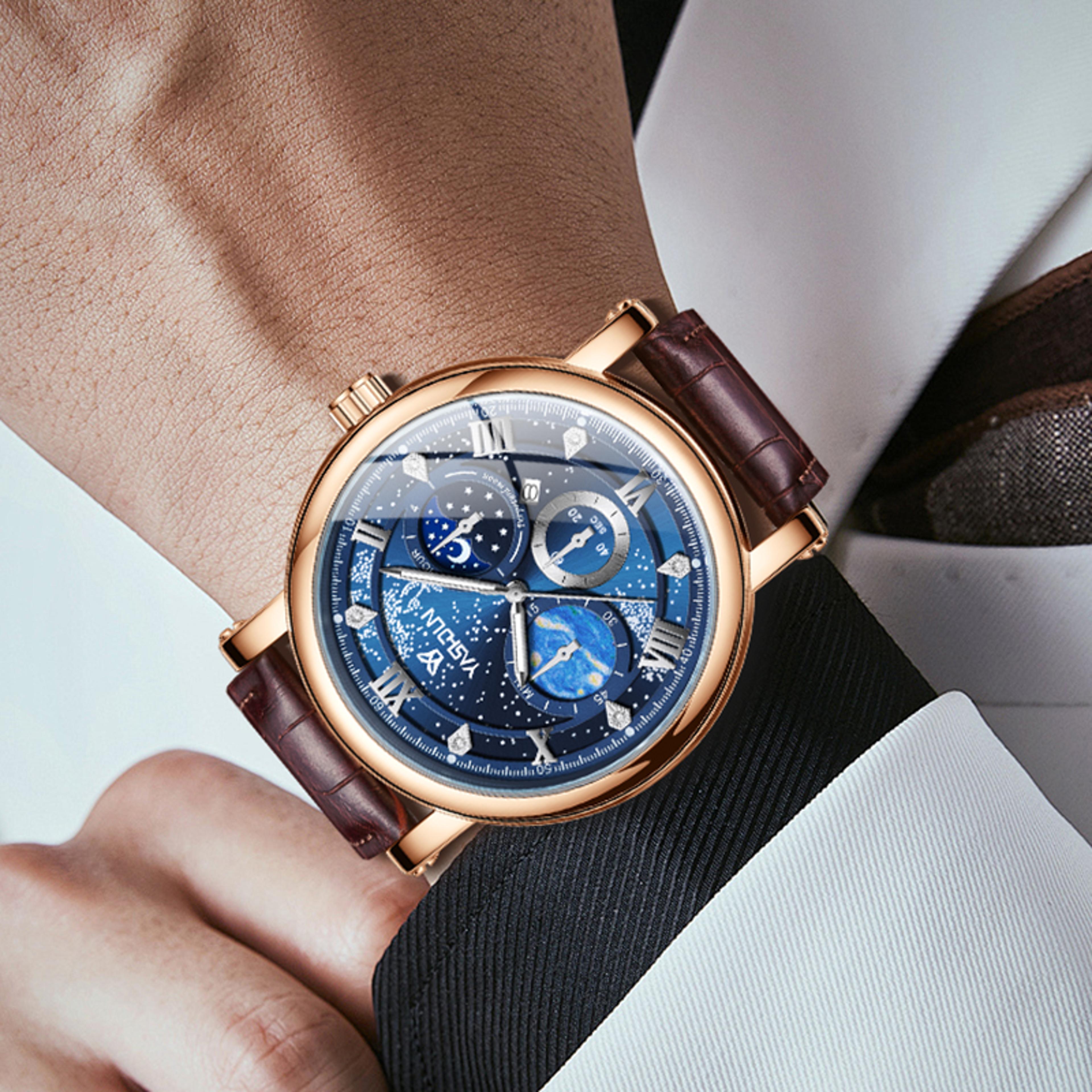 mens moon phase quartz chronograph luminous water resistant wristwatch