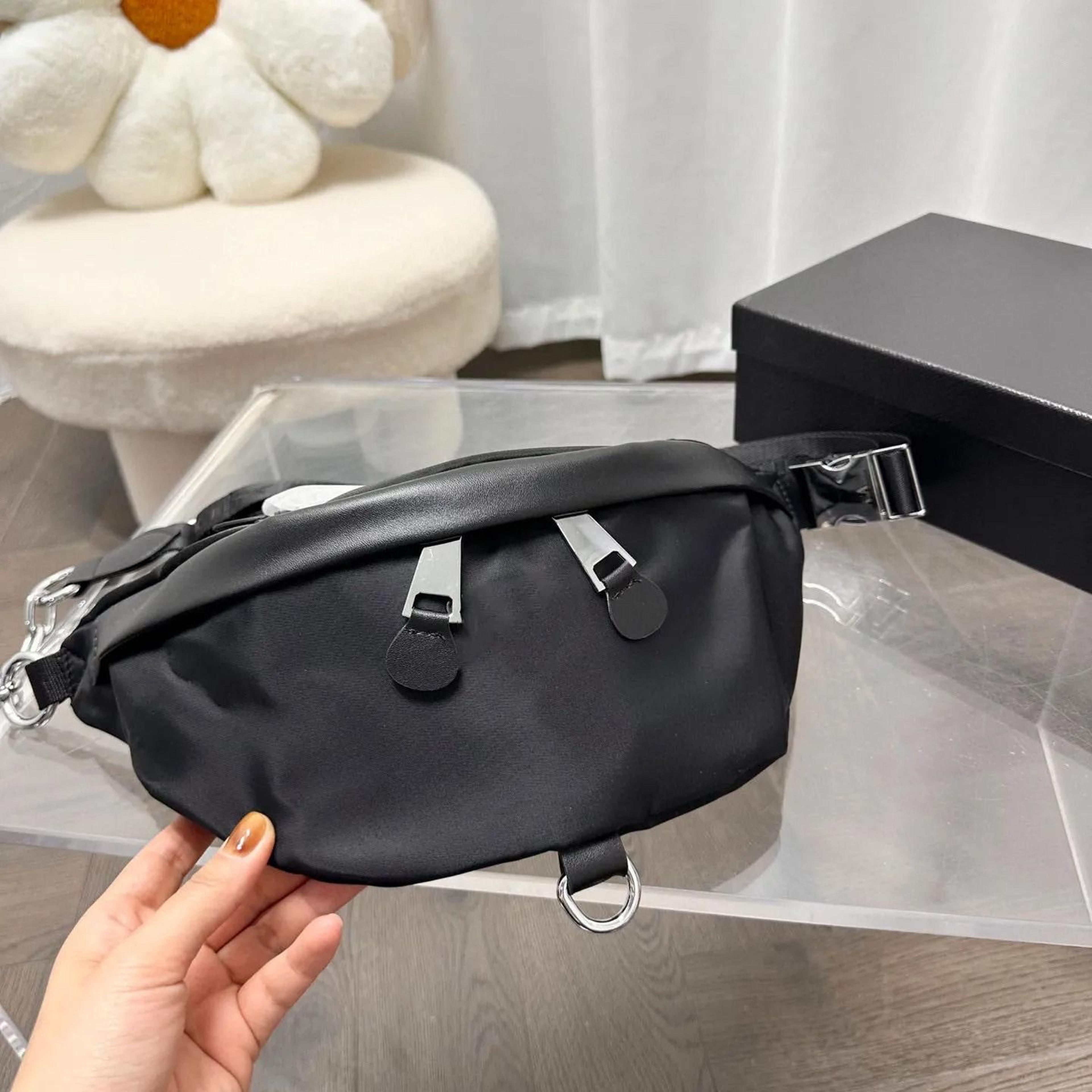 mens black nylon triangle chest bag with chain shoulder strap