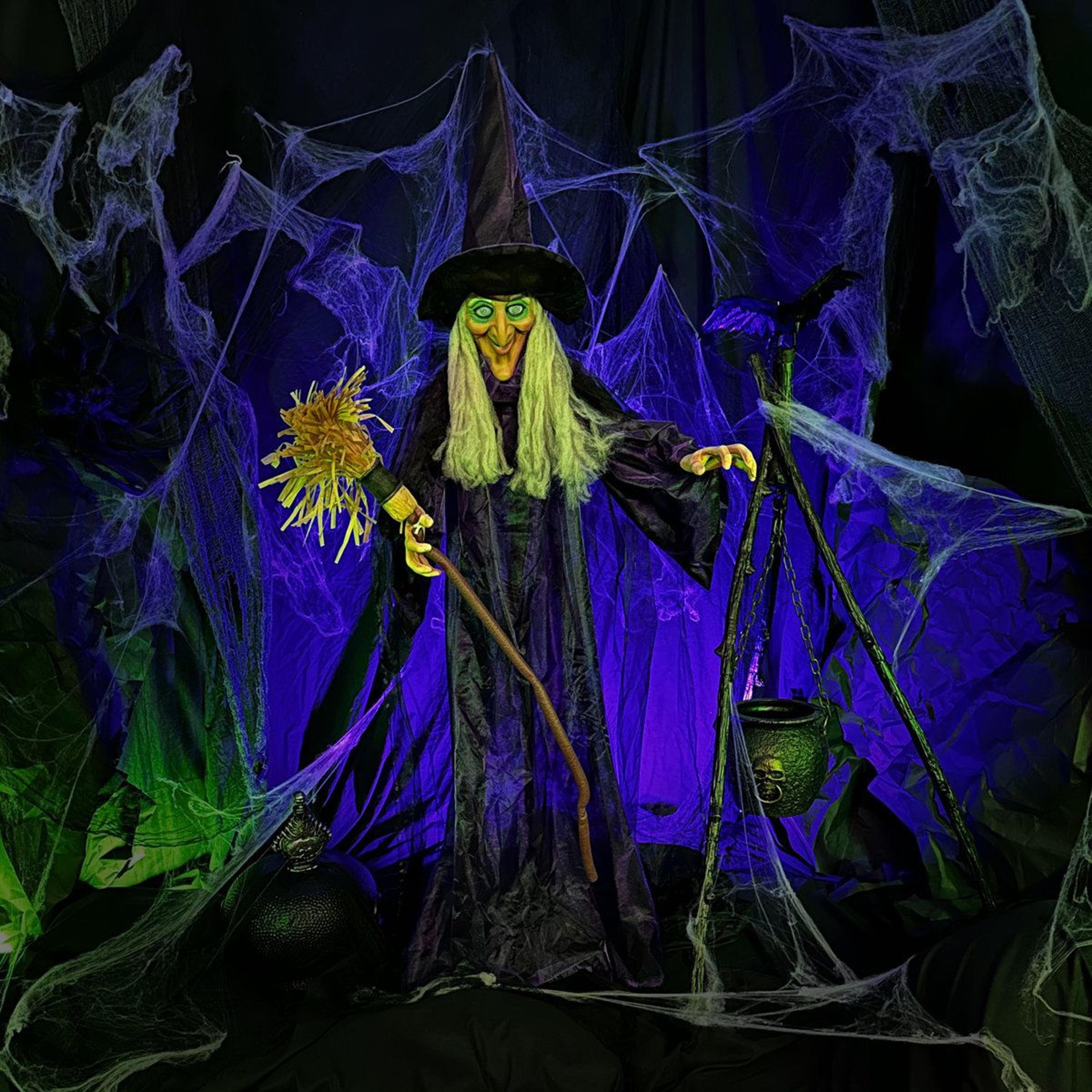 life size animatronic talking witch with broomstick and led light up eyes