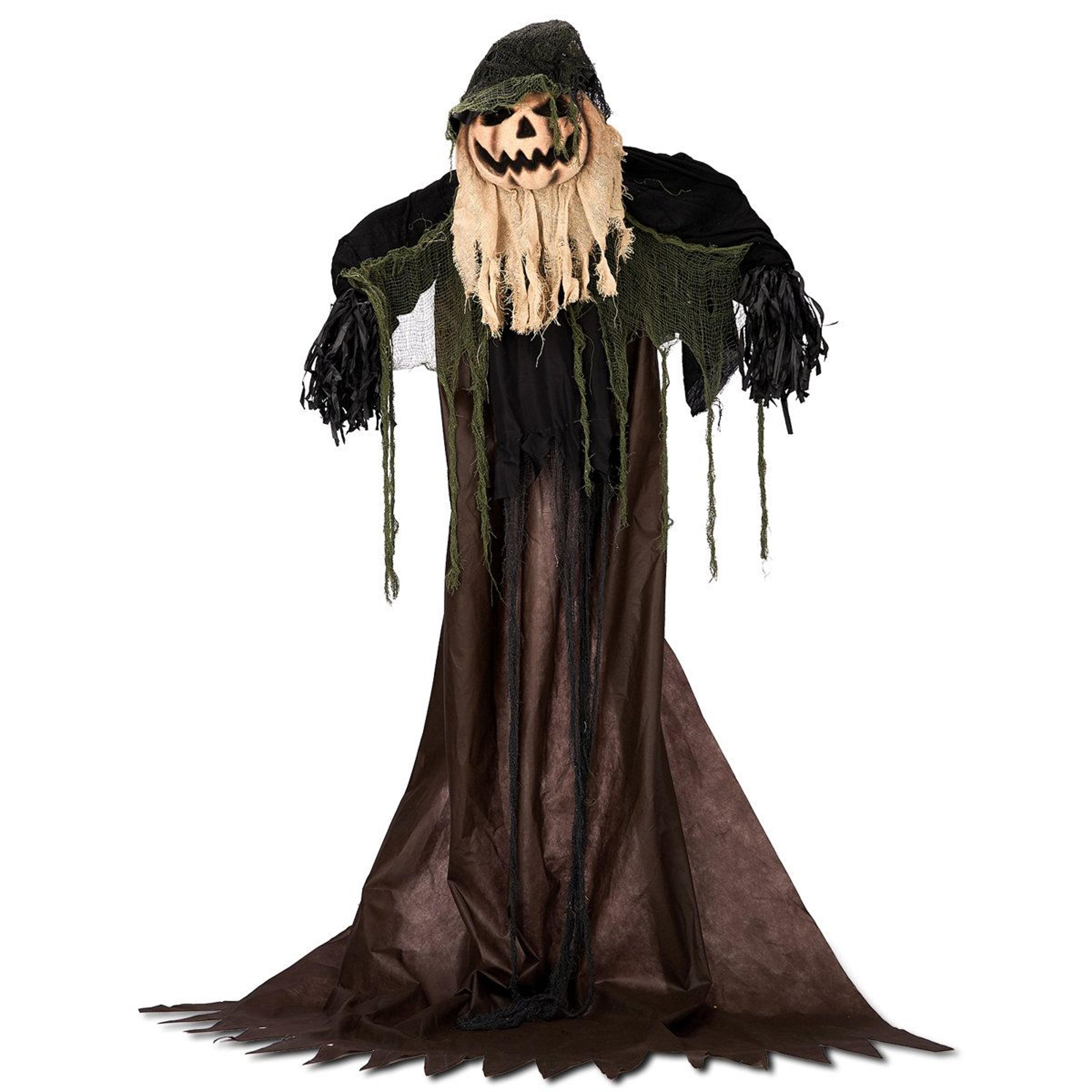 halloween animatronic pumpkin face wizard with sound activation and glowing red eyes