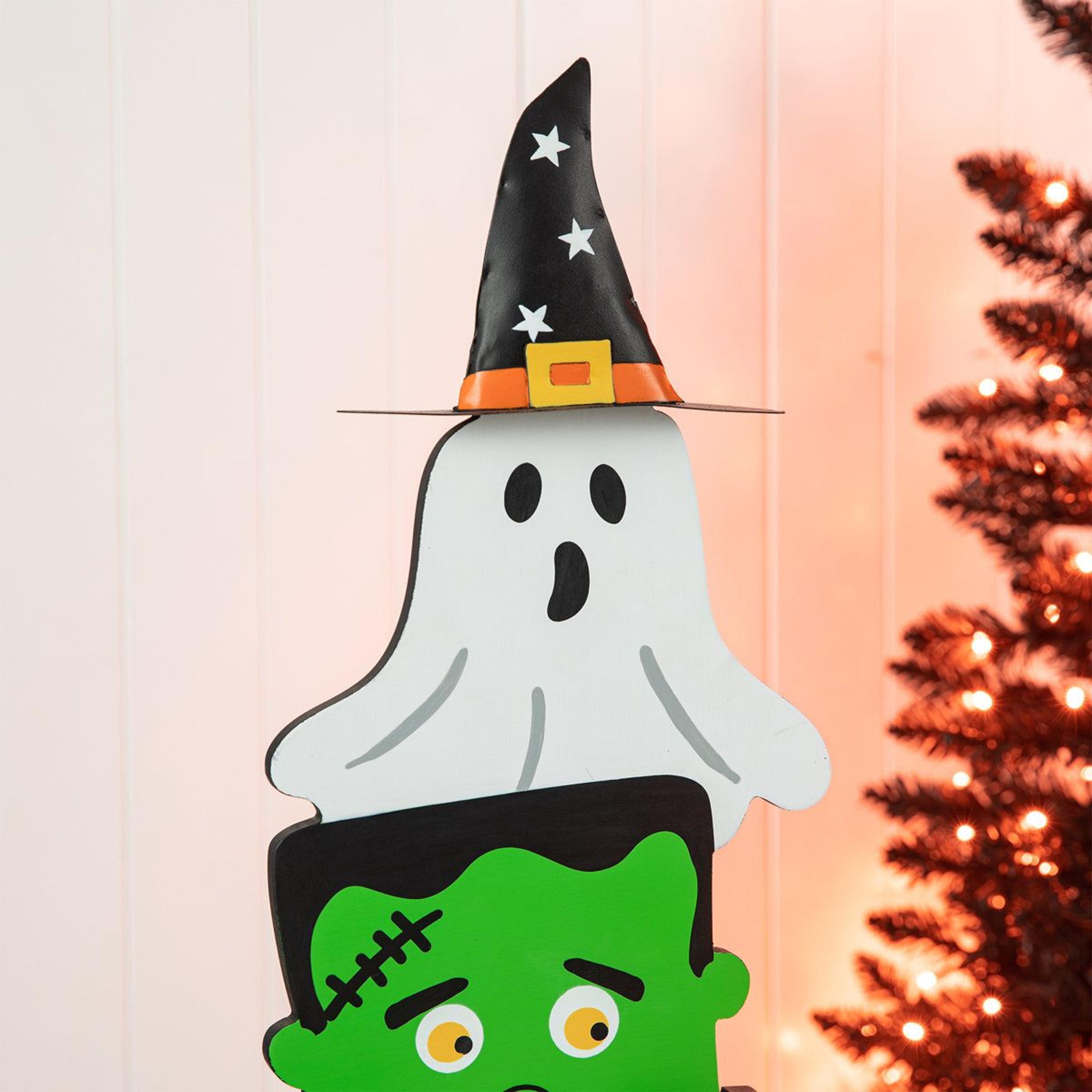 halloween stacked ghost frankenstein skull and pumpkin porch decoration