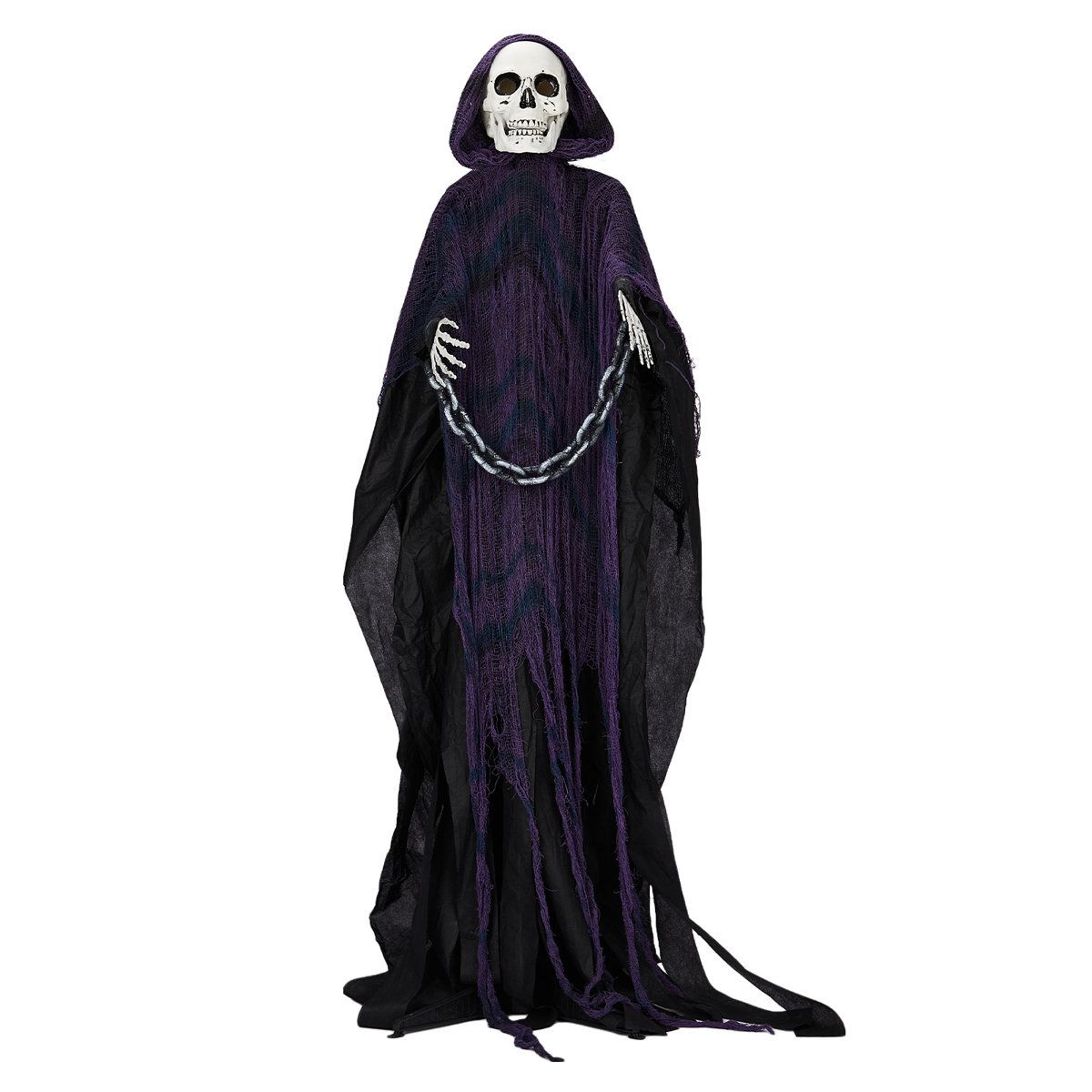 animatronic grim reaper halloween decoration with sound activation and glowing eyes