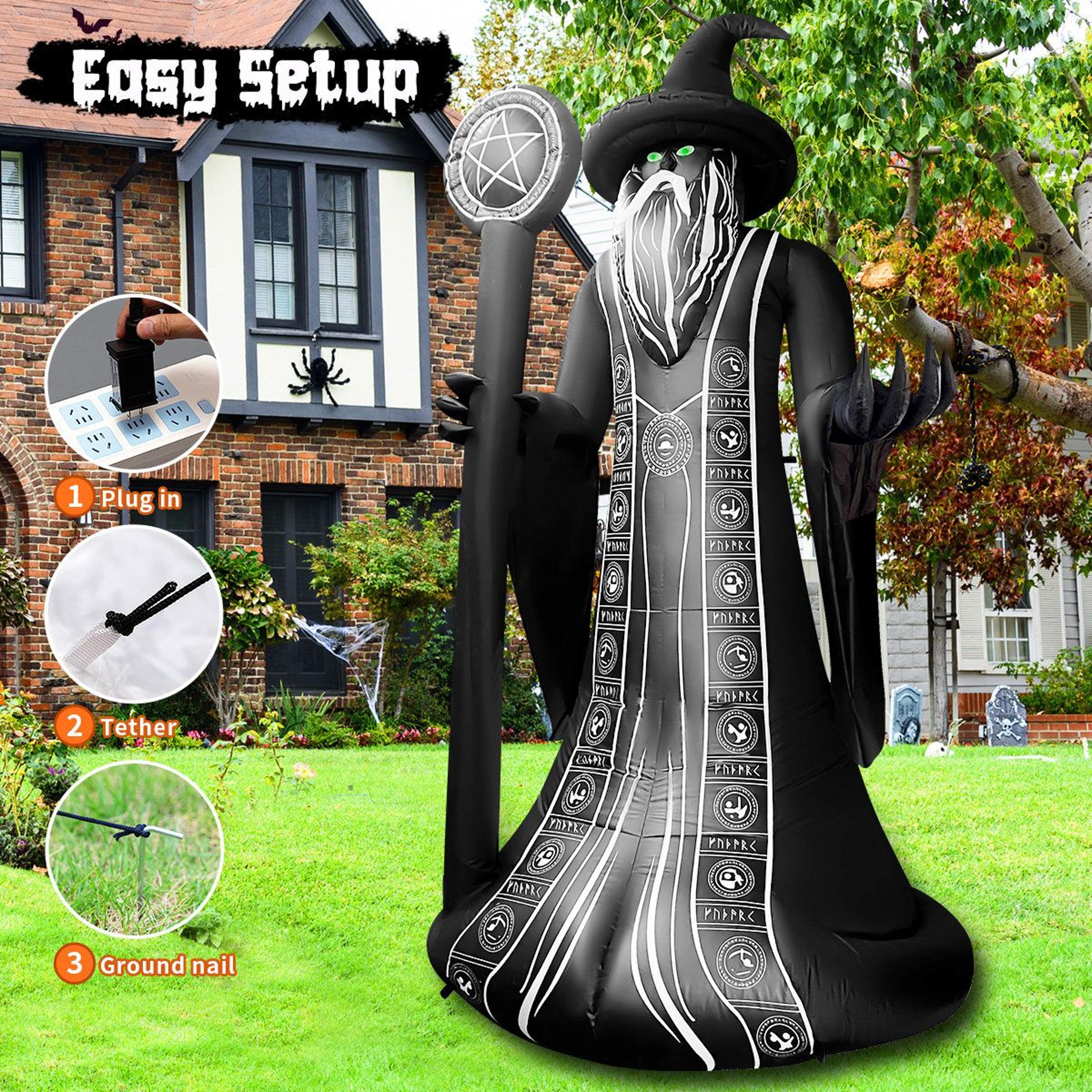 halloween inflatable wizard with led lights and magic staff for outdoor yard decor