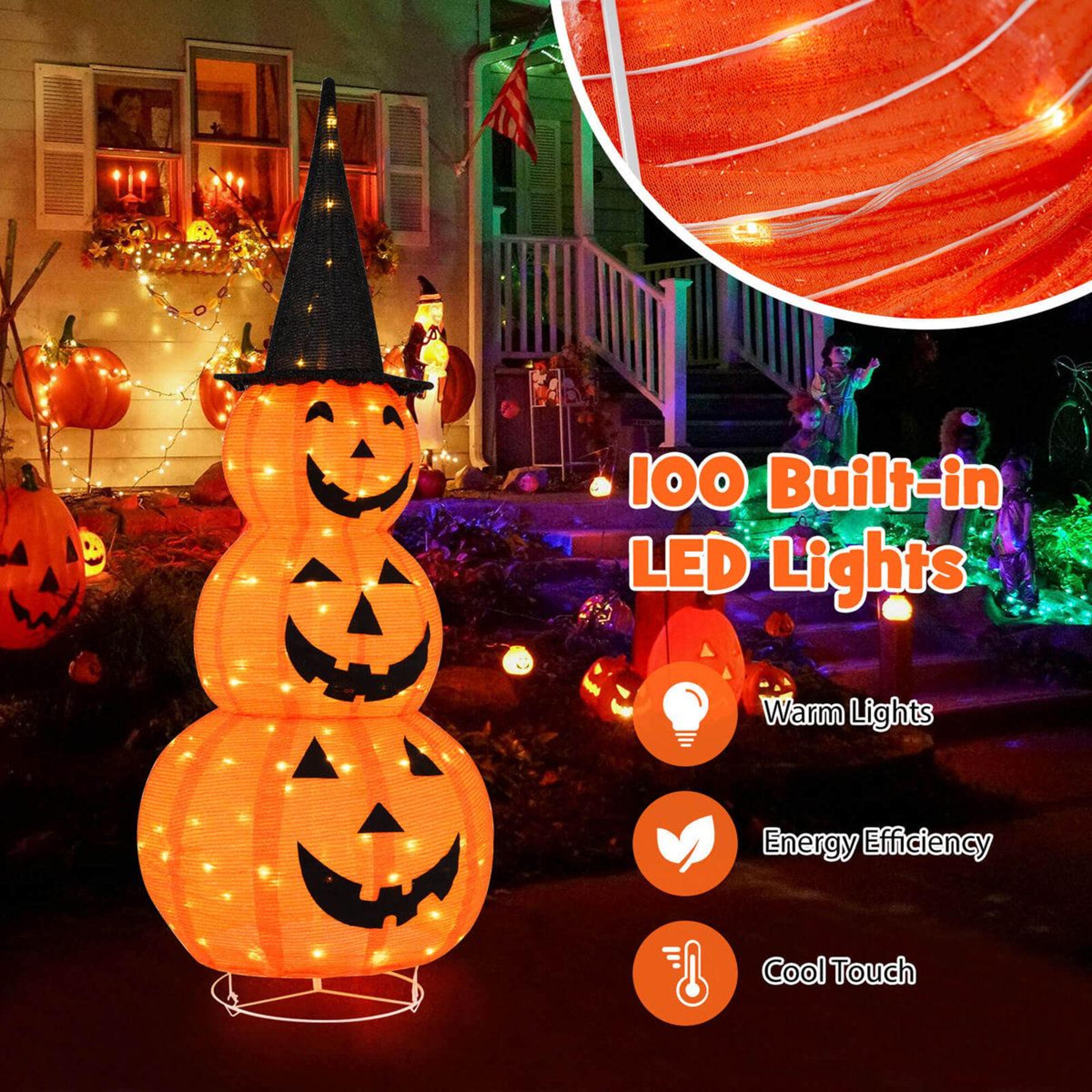 lighted stacked pumpkins halloween decoration with witch hat and led lights