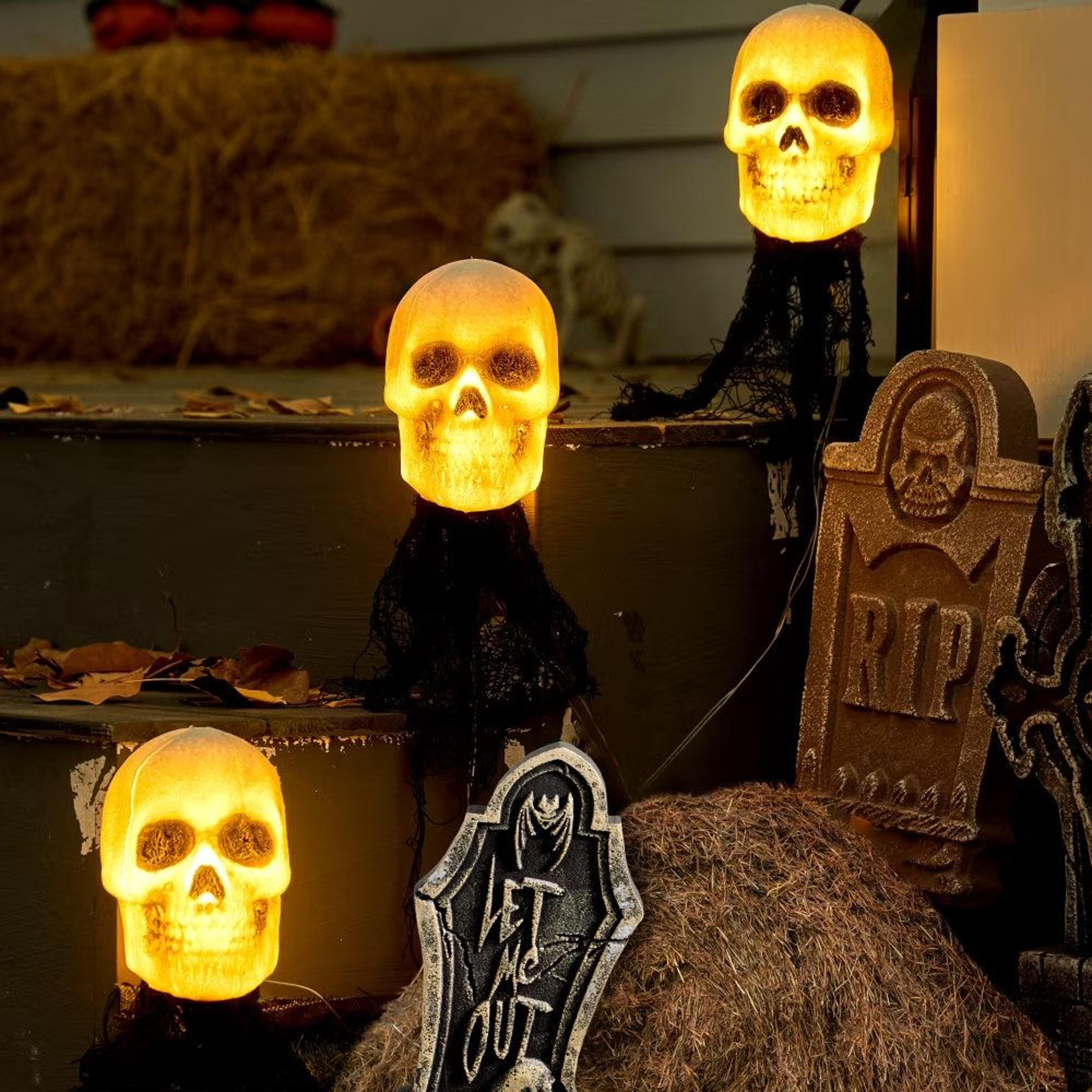 halloween light up skeleton skull garden stakes battery powered outdoor decorations