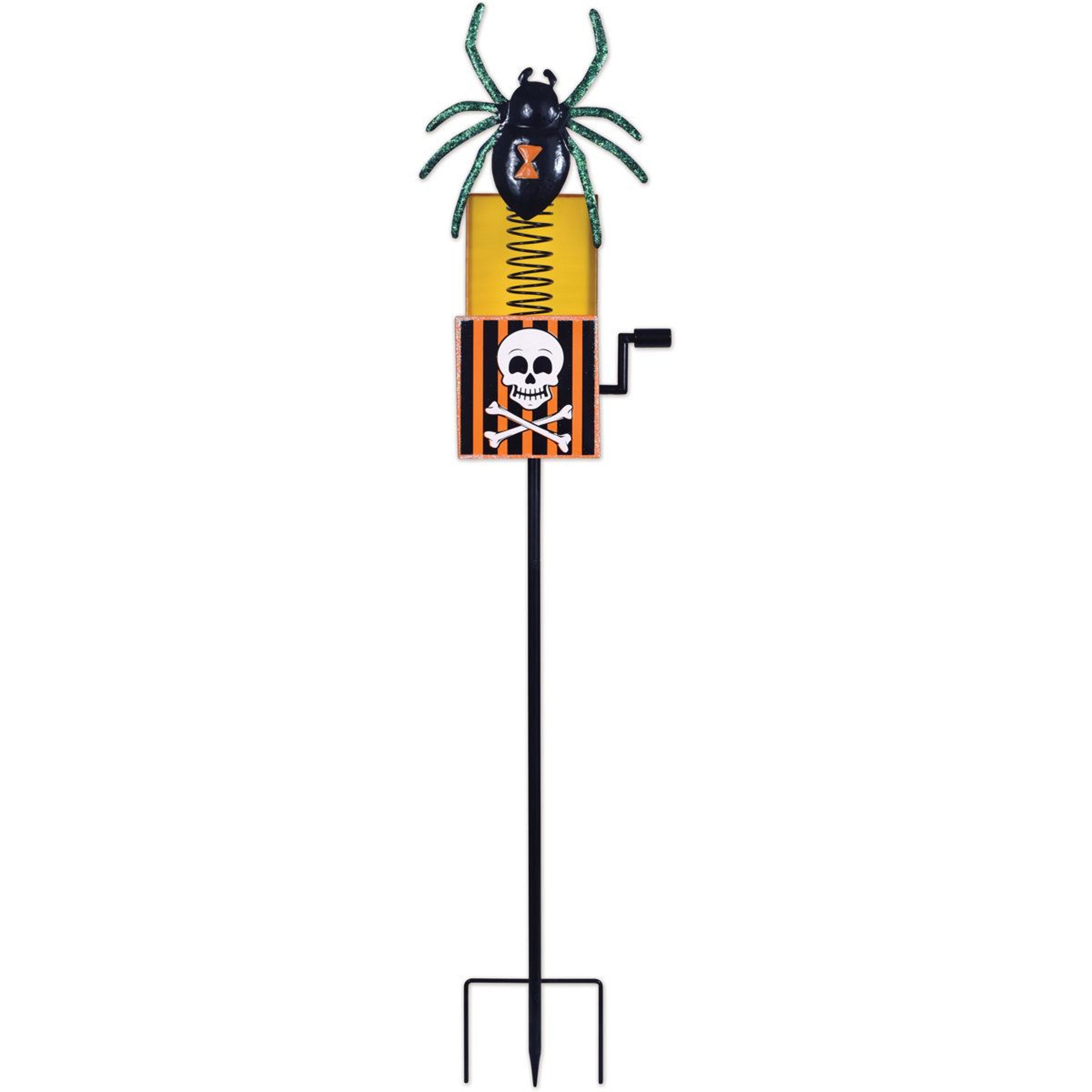 halloween spider garden stake with skull metal jack in the box design