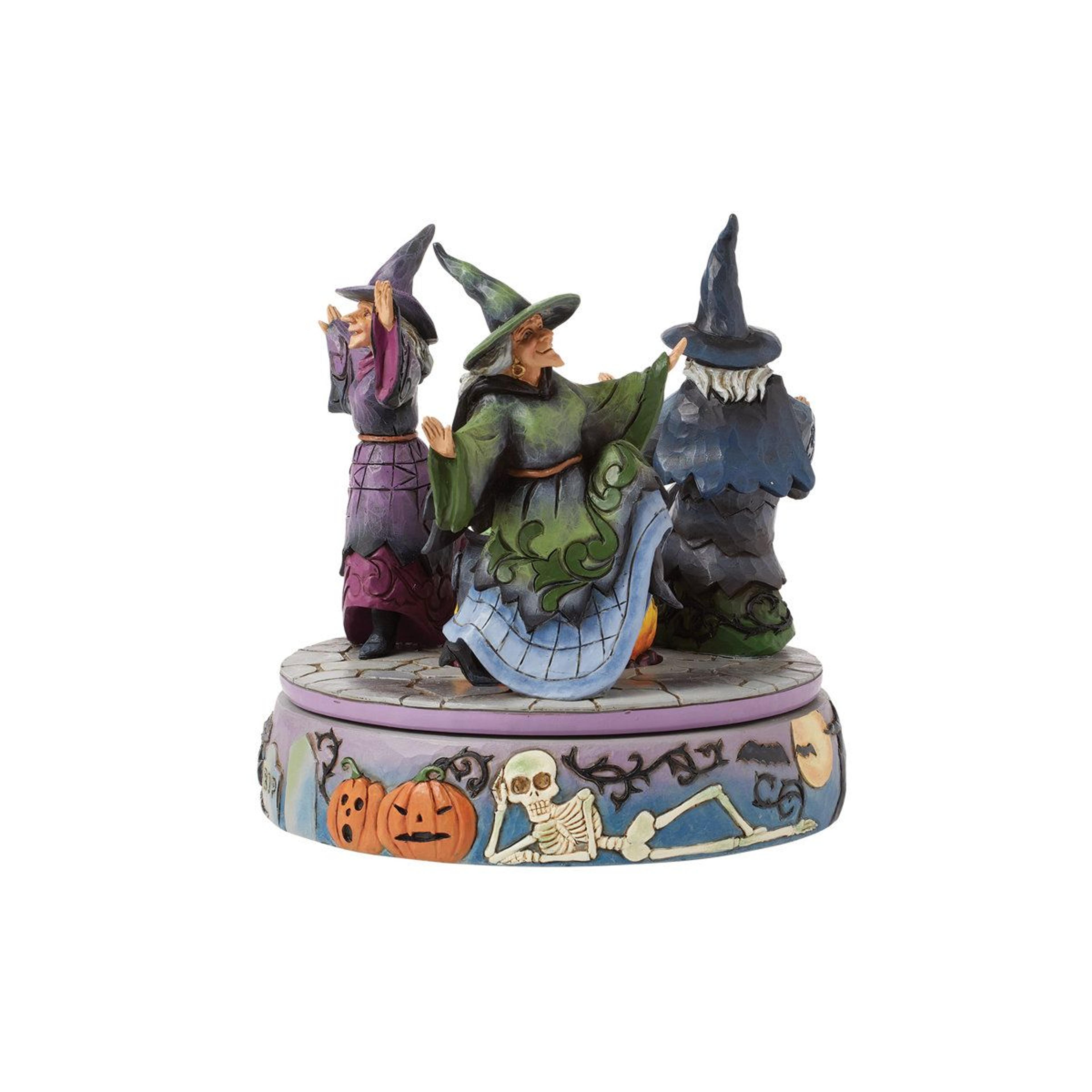 rotating halloween witches figurine with cauldron hand-painted resin decor