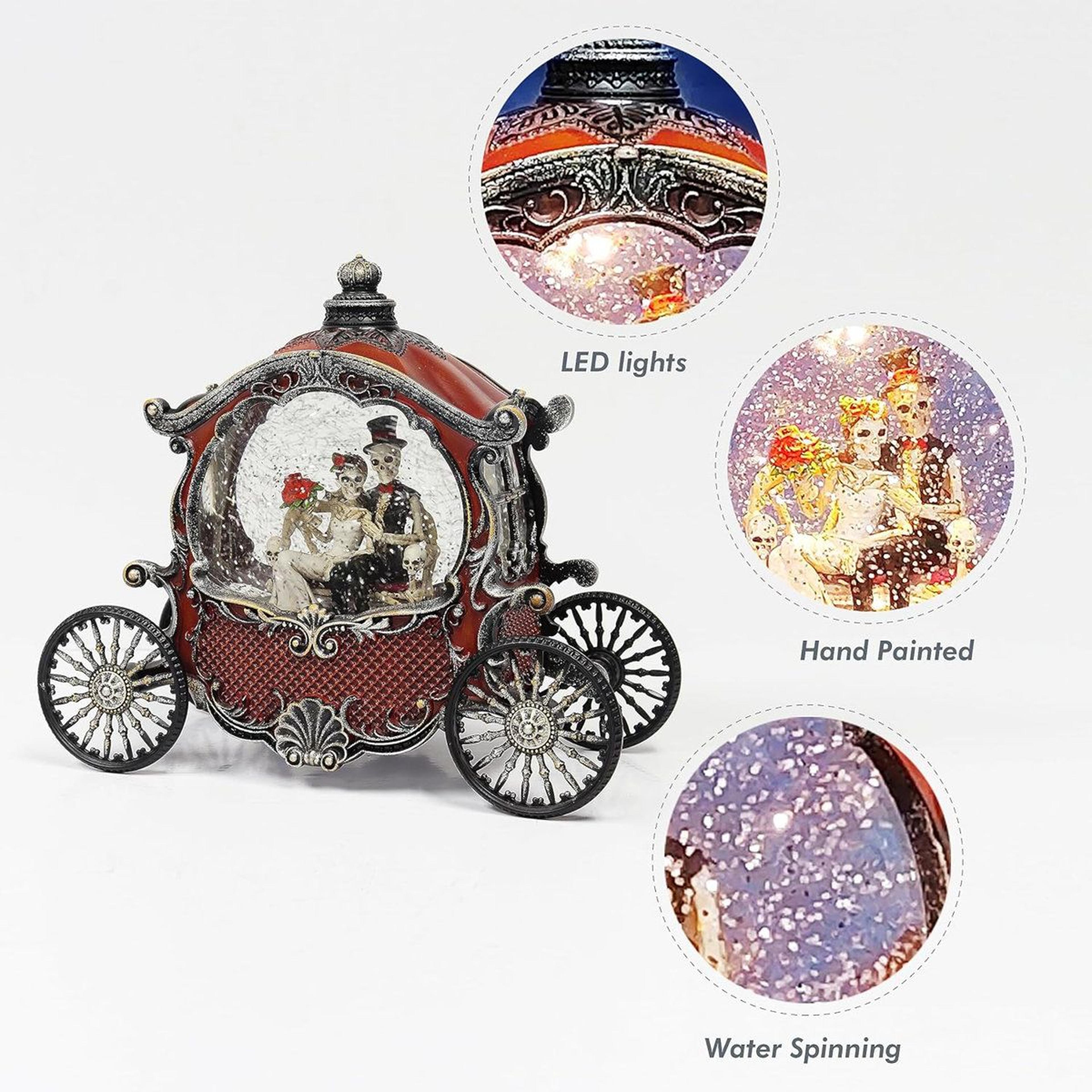 halloween skeleton couple carriage with led lights and spinning glitter
