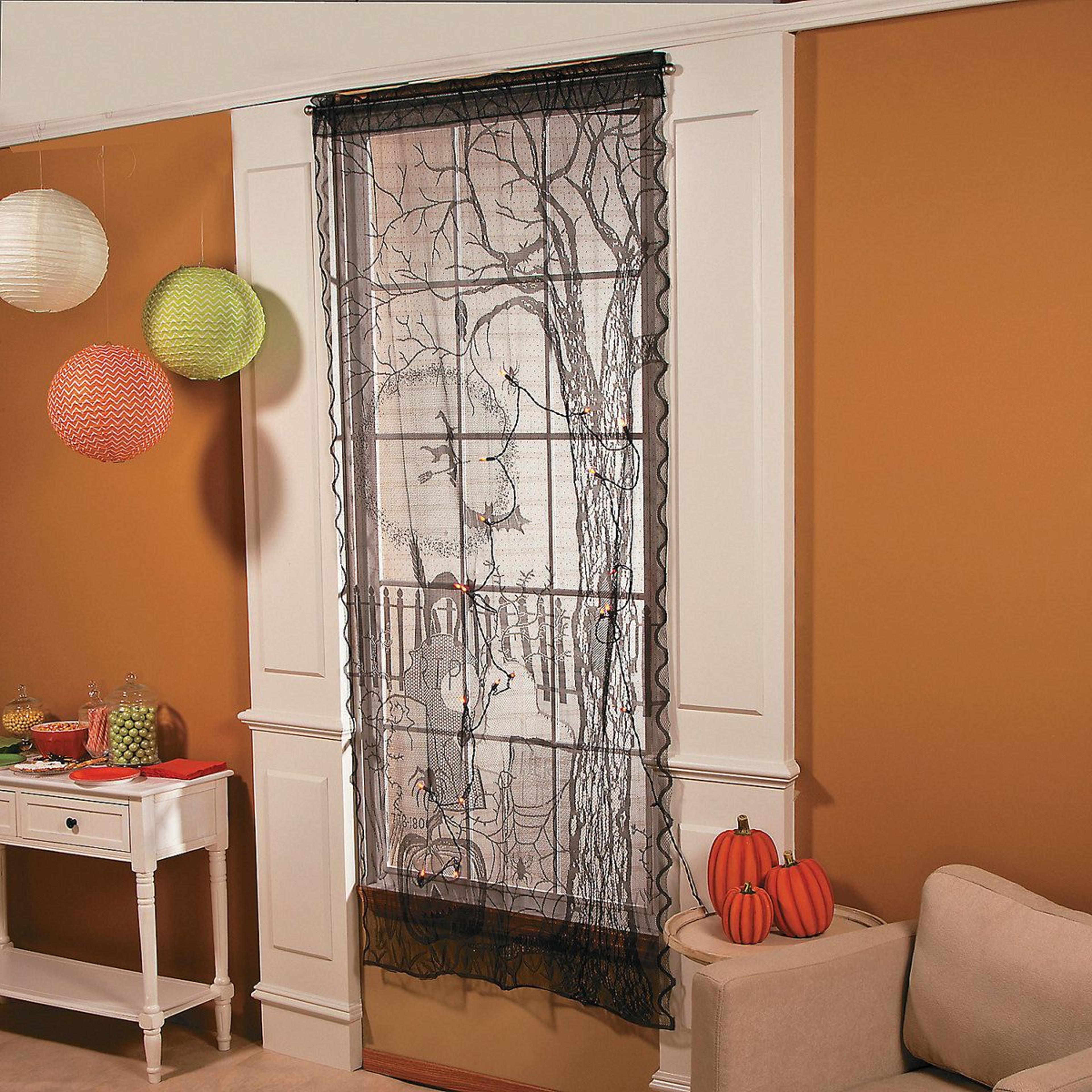 spooky light up halloween lace curtain panel with orange lights