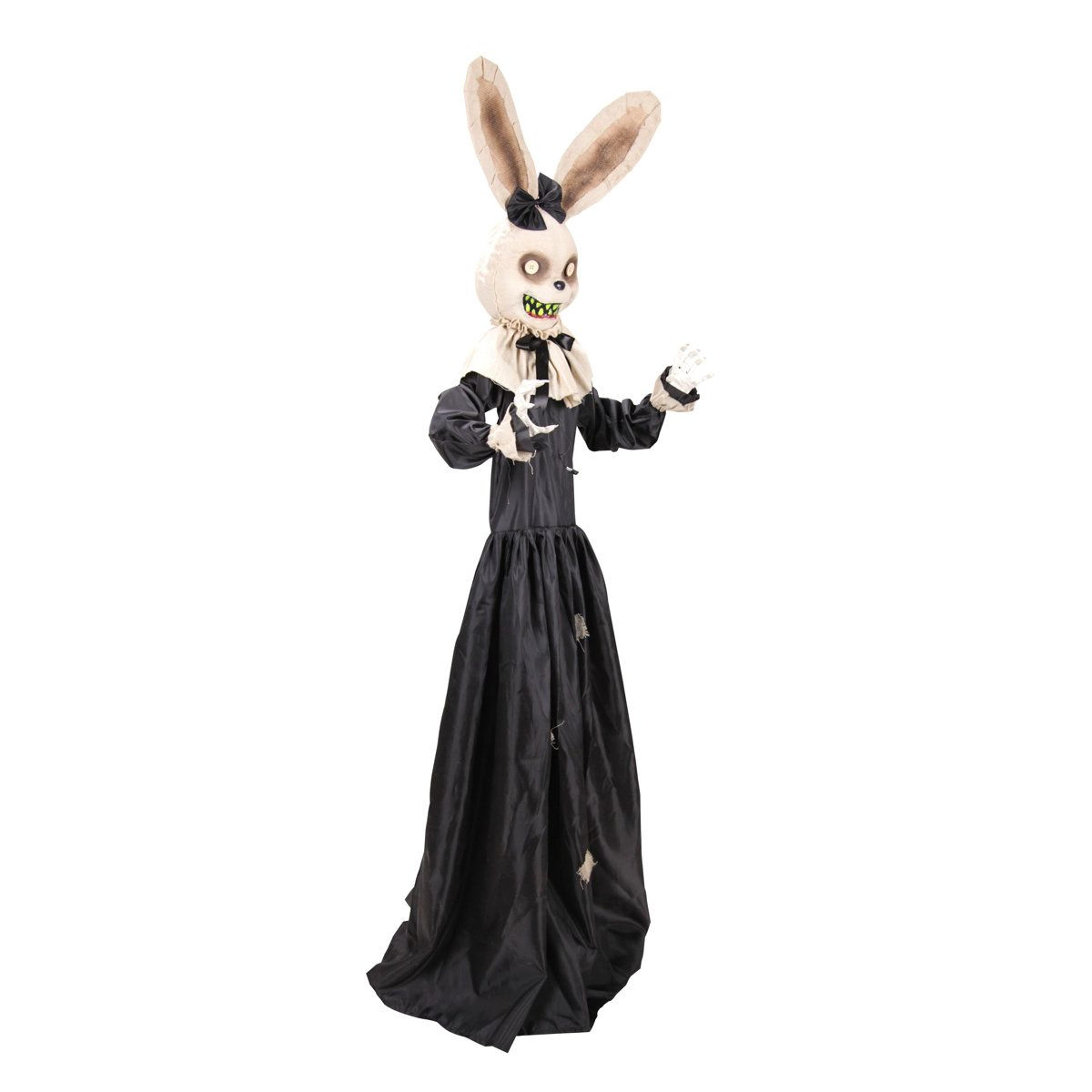 animated black rabbit halloween animatronic with swinging arms and led eyes